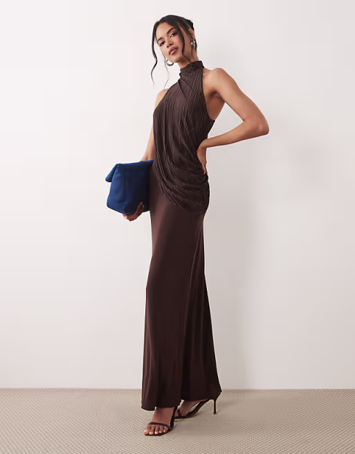 plisse contrast draped halter neck maxi dress in rum raisin