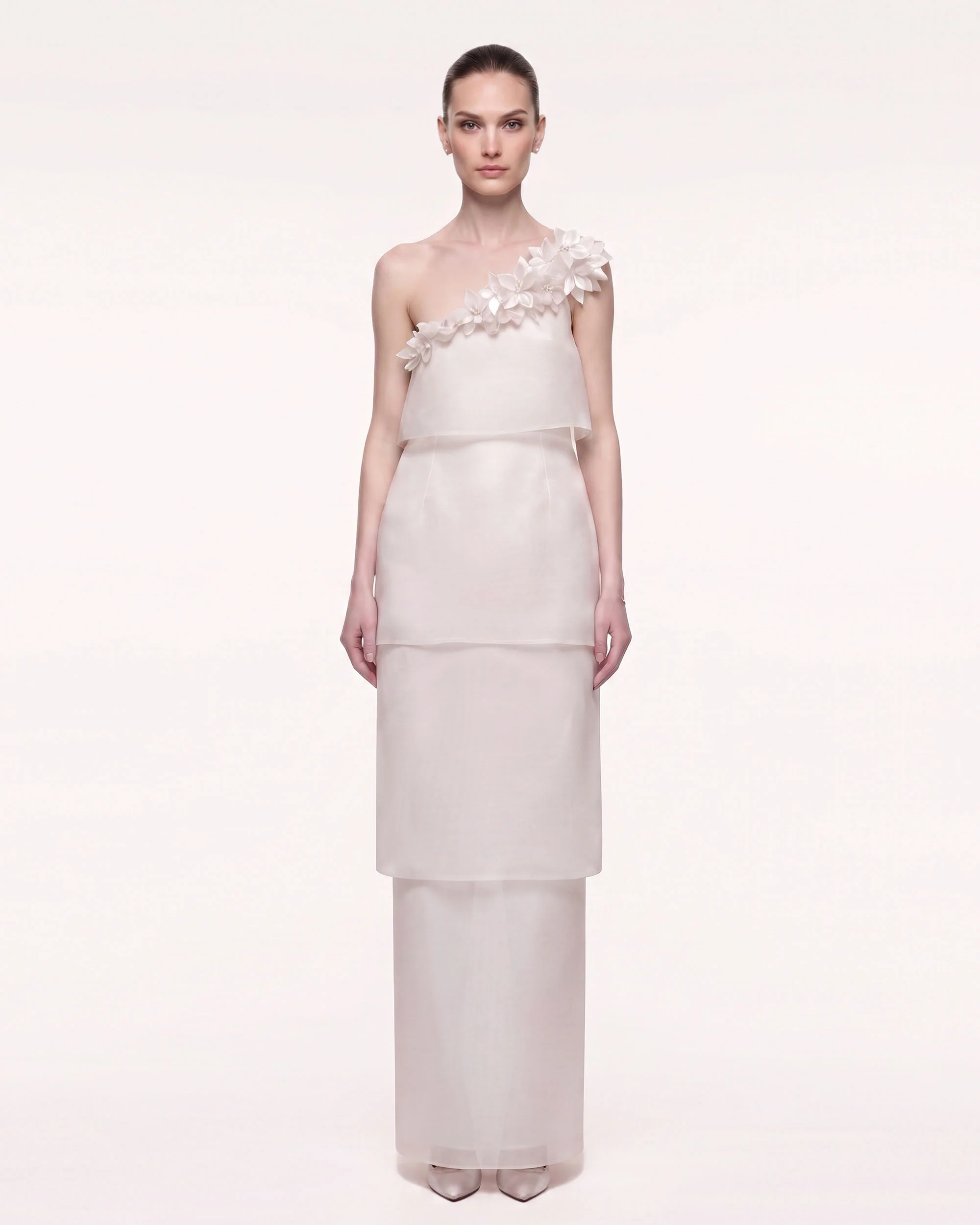 3D Floral One-Shoulder Tiered Maxi Dress - Ivory