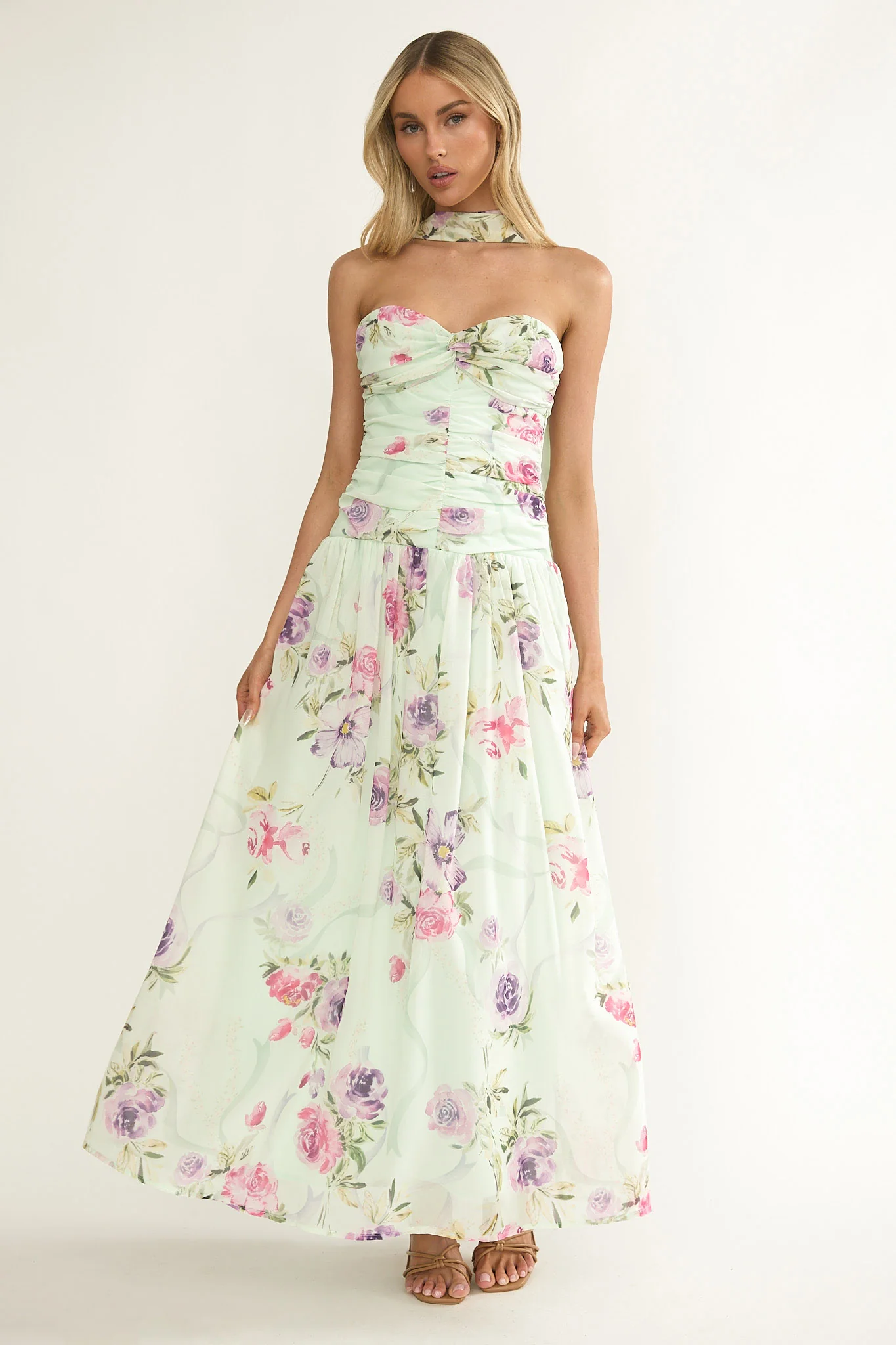 Novarra Twist Bust Strapless Maxi Dress Floral Mint