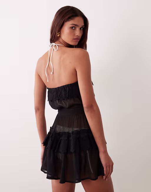 Miss Selfridge lace shirred strapless beach mini dress in black