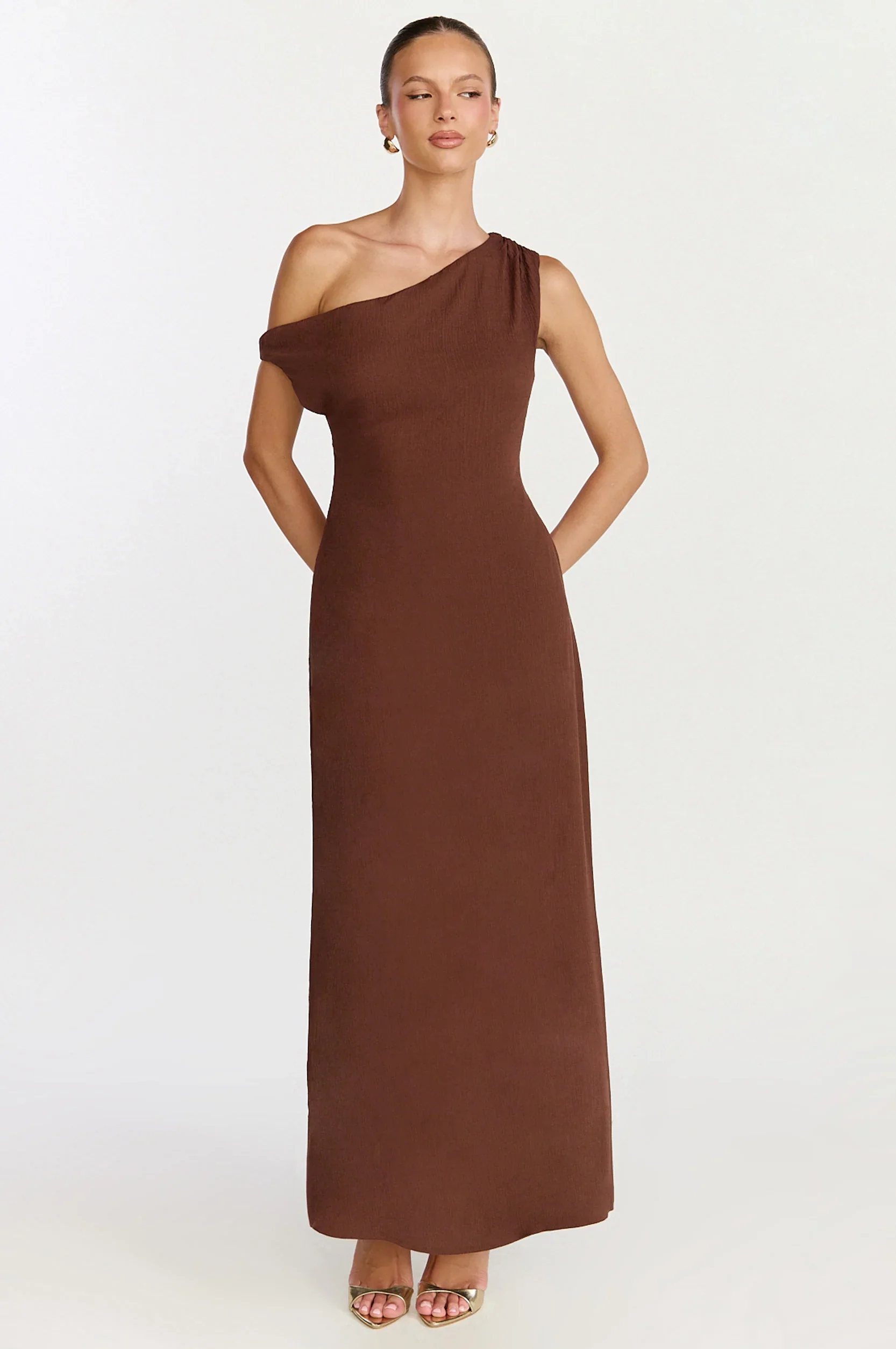 Aurelie Maxi Dress - Off Shoulder Column Dress in Chocolate