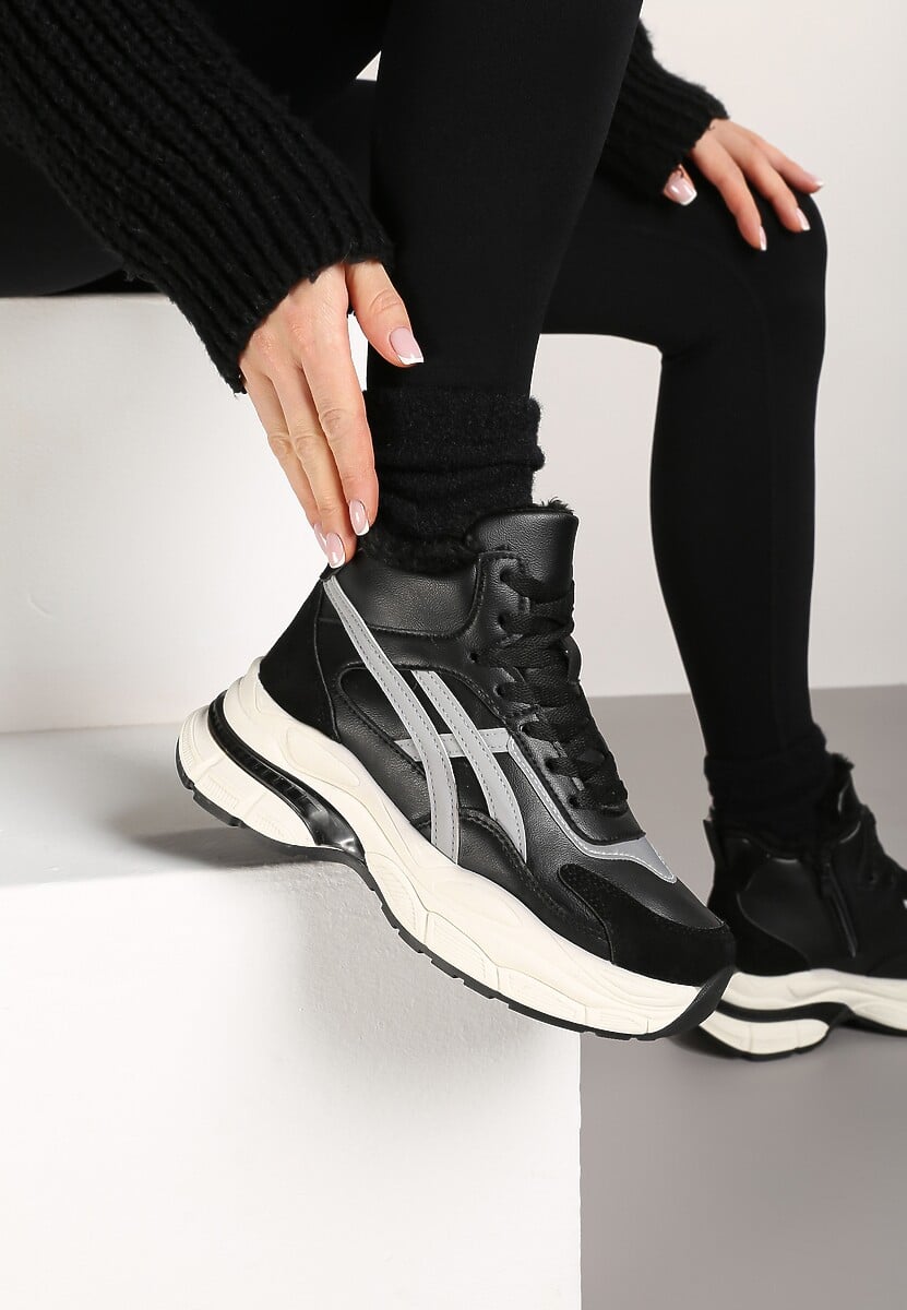 Czarne Sneakersy za Kostkę na Grubej Podeszwie Luntris