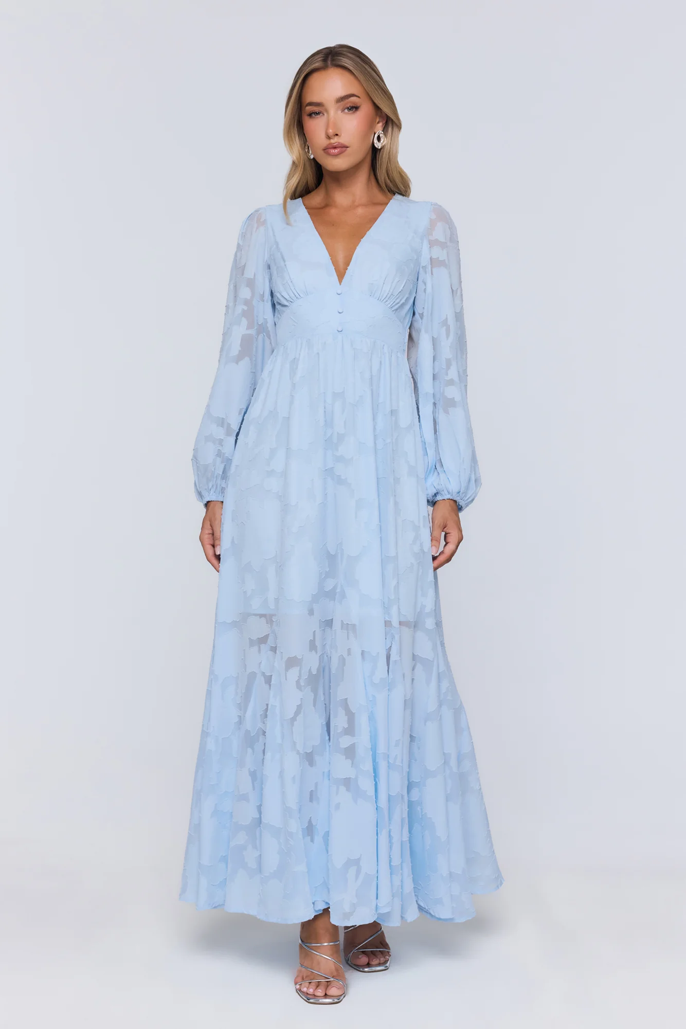 Glow Blossom Long Sleeve Maxi Dress Blue