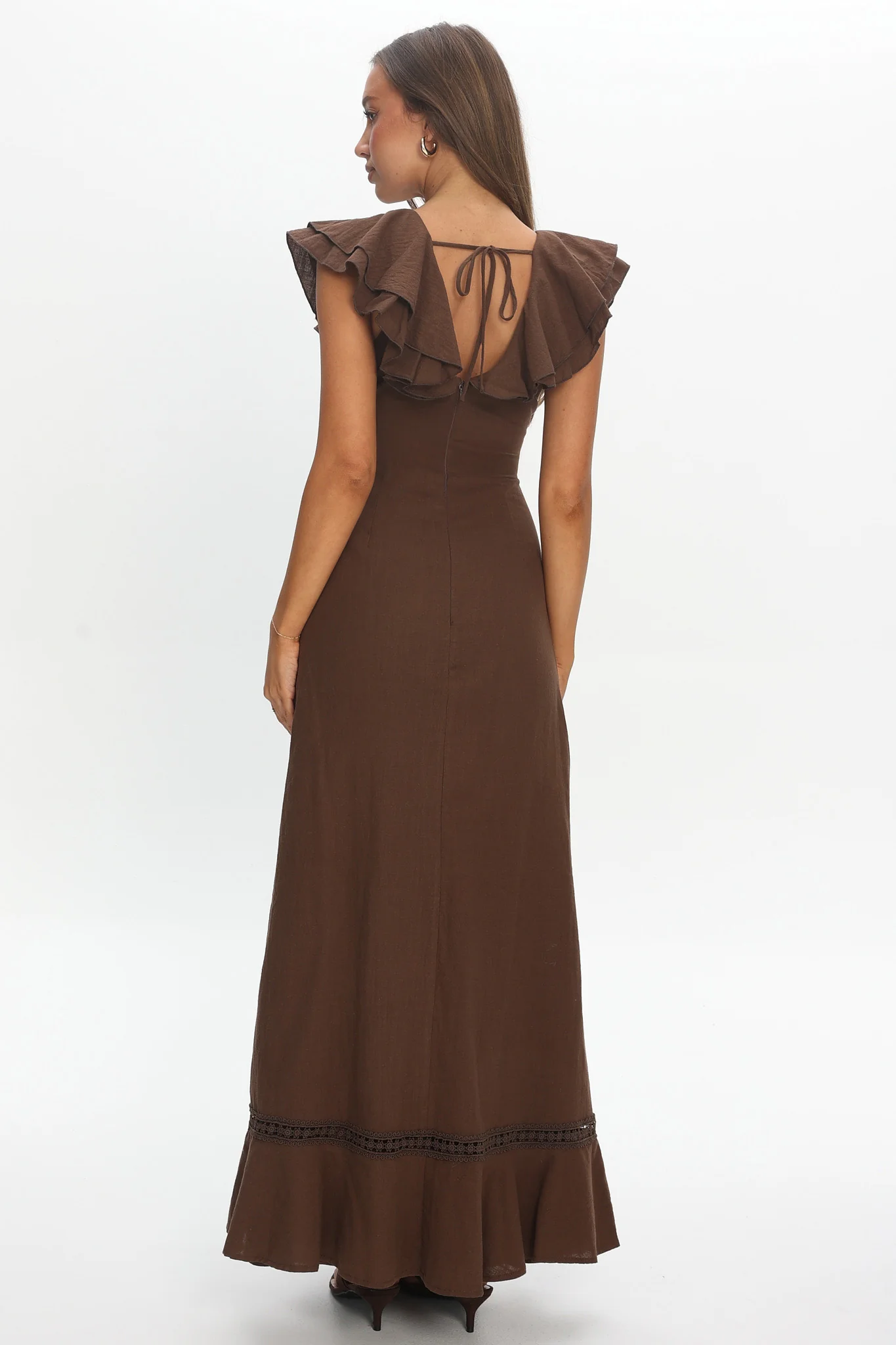 Anohana Ruffle Maxi Dress Chocolate - luluinthesky