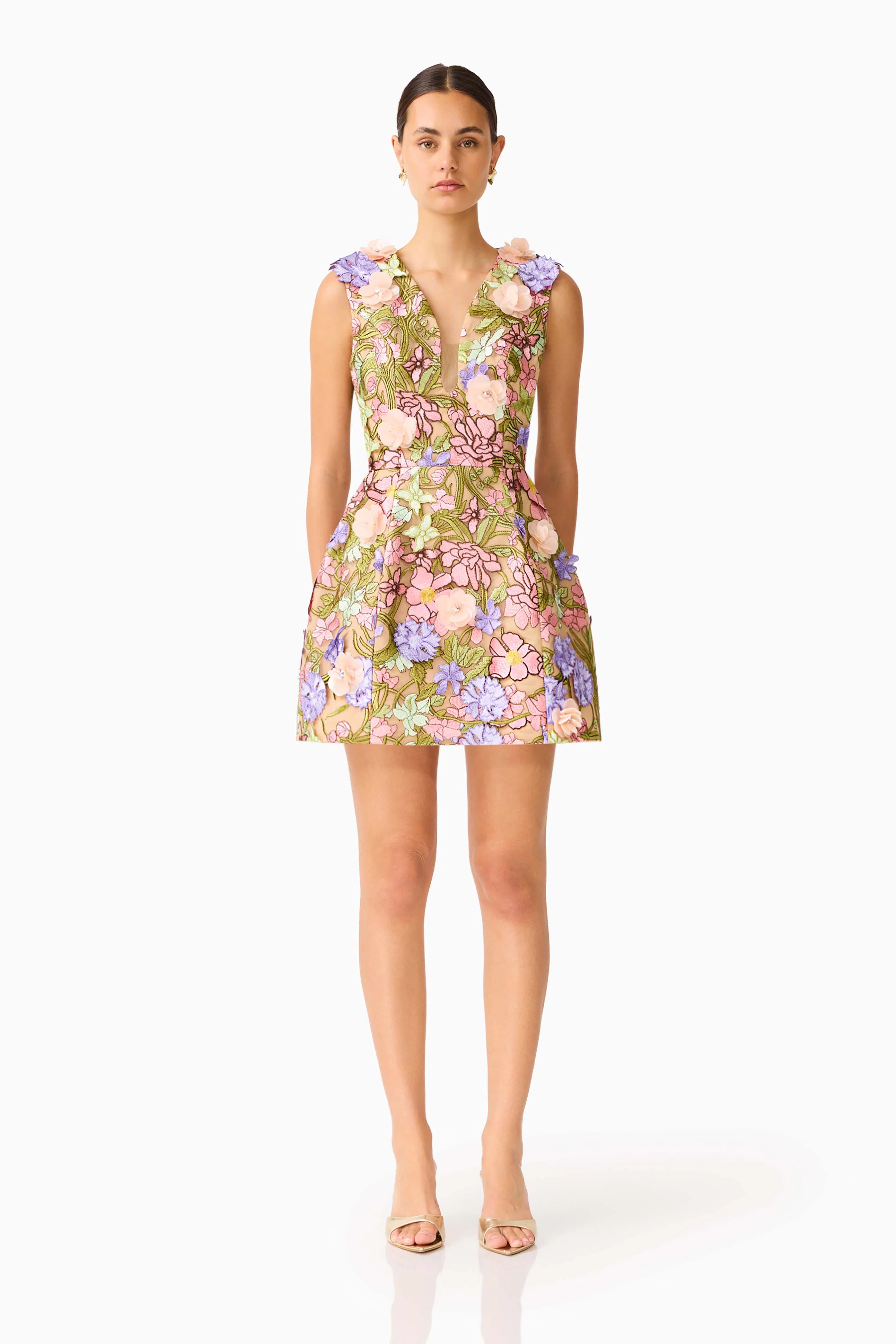 Fiora Tulip Mini Dress in Green & Pink Floral