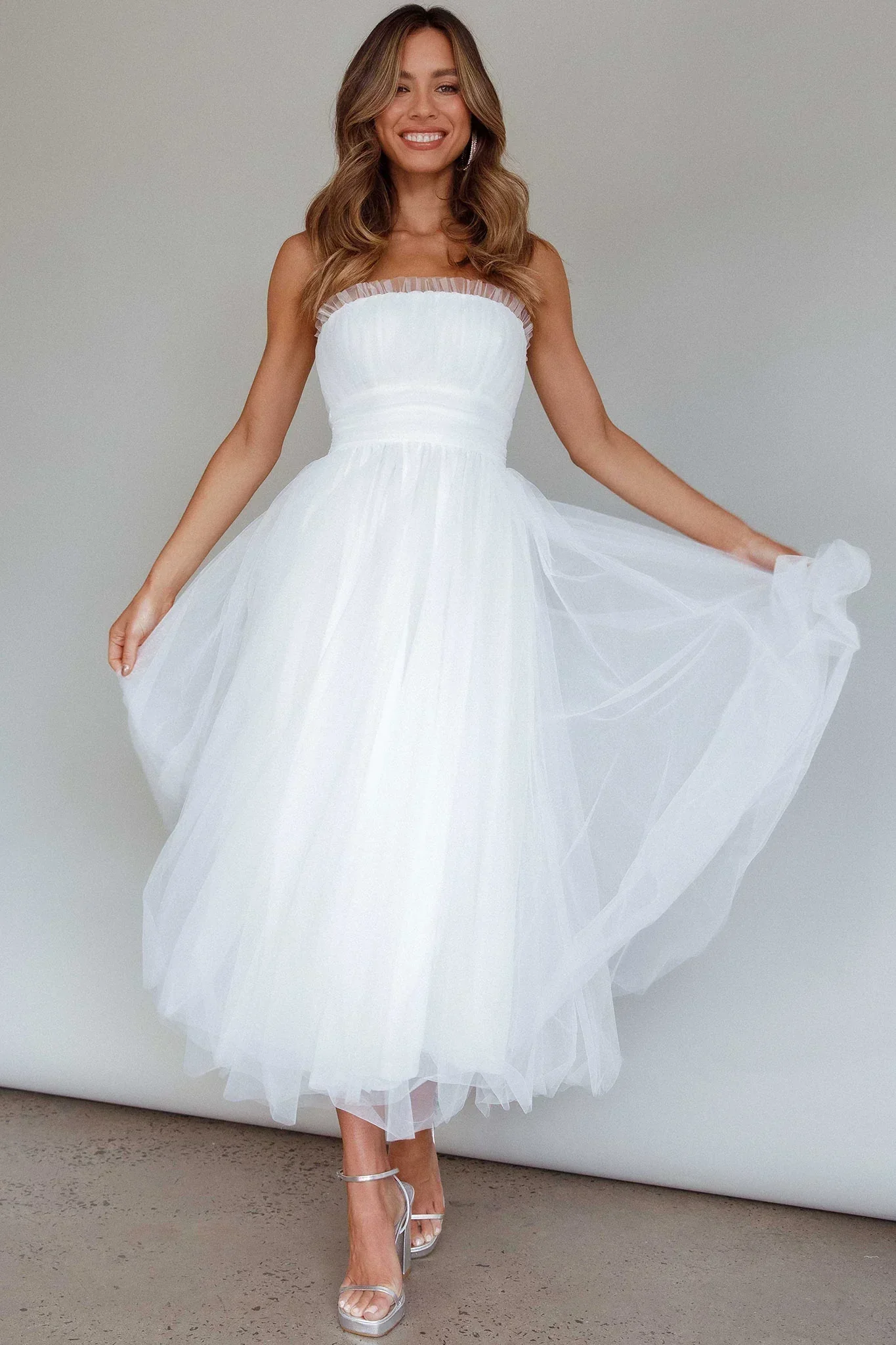 Fayette Strapless Mesh Midi Dress White