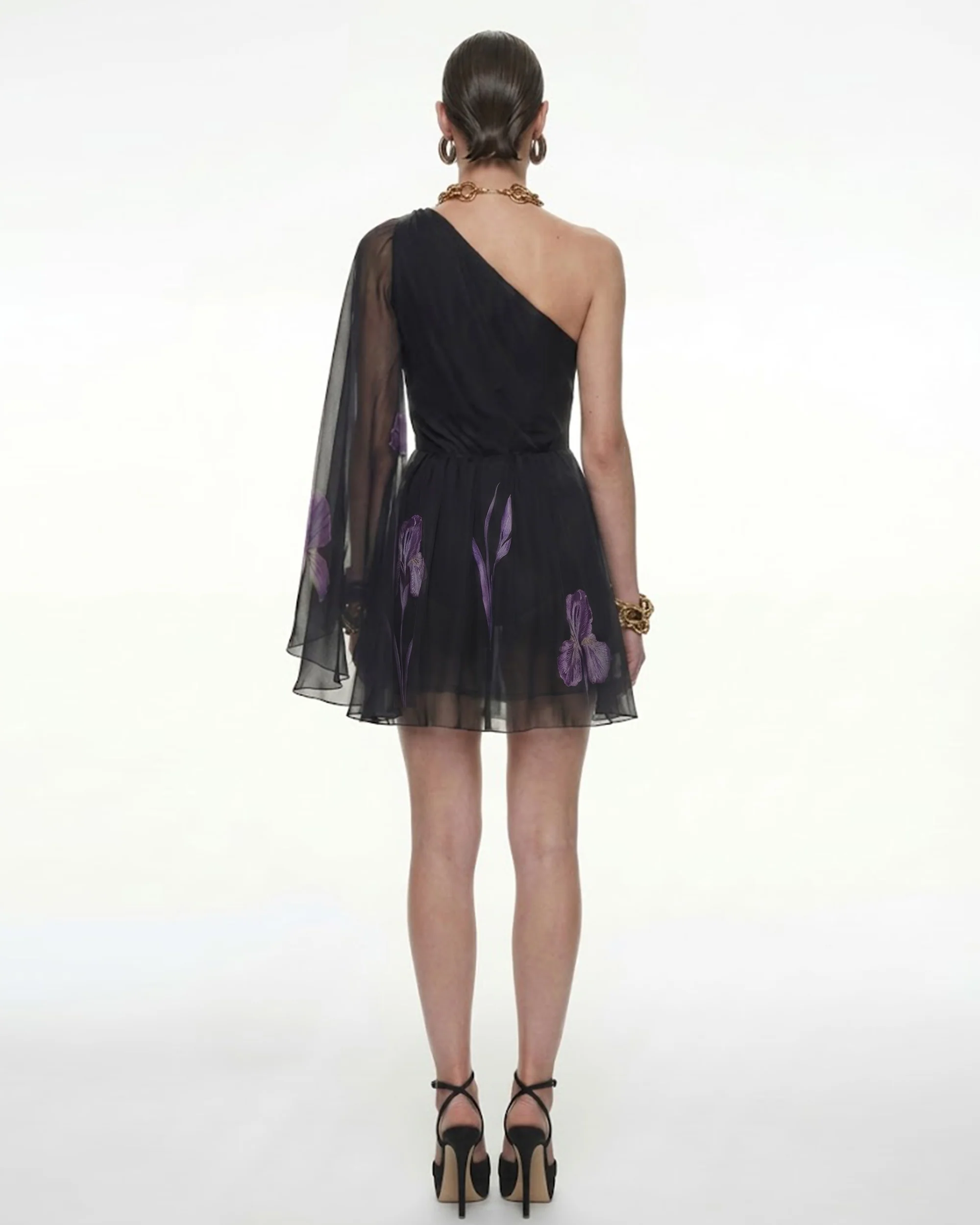 One Shoulder Floral Mesh Dress - Black - FASHION NOB