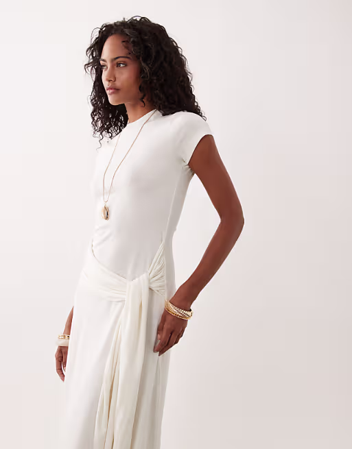 short sleeve midi dress with tie waist in cream