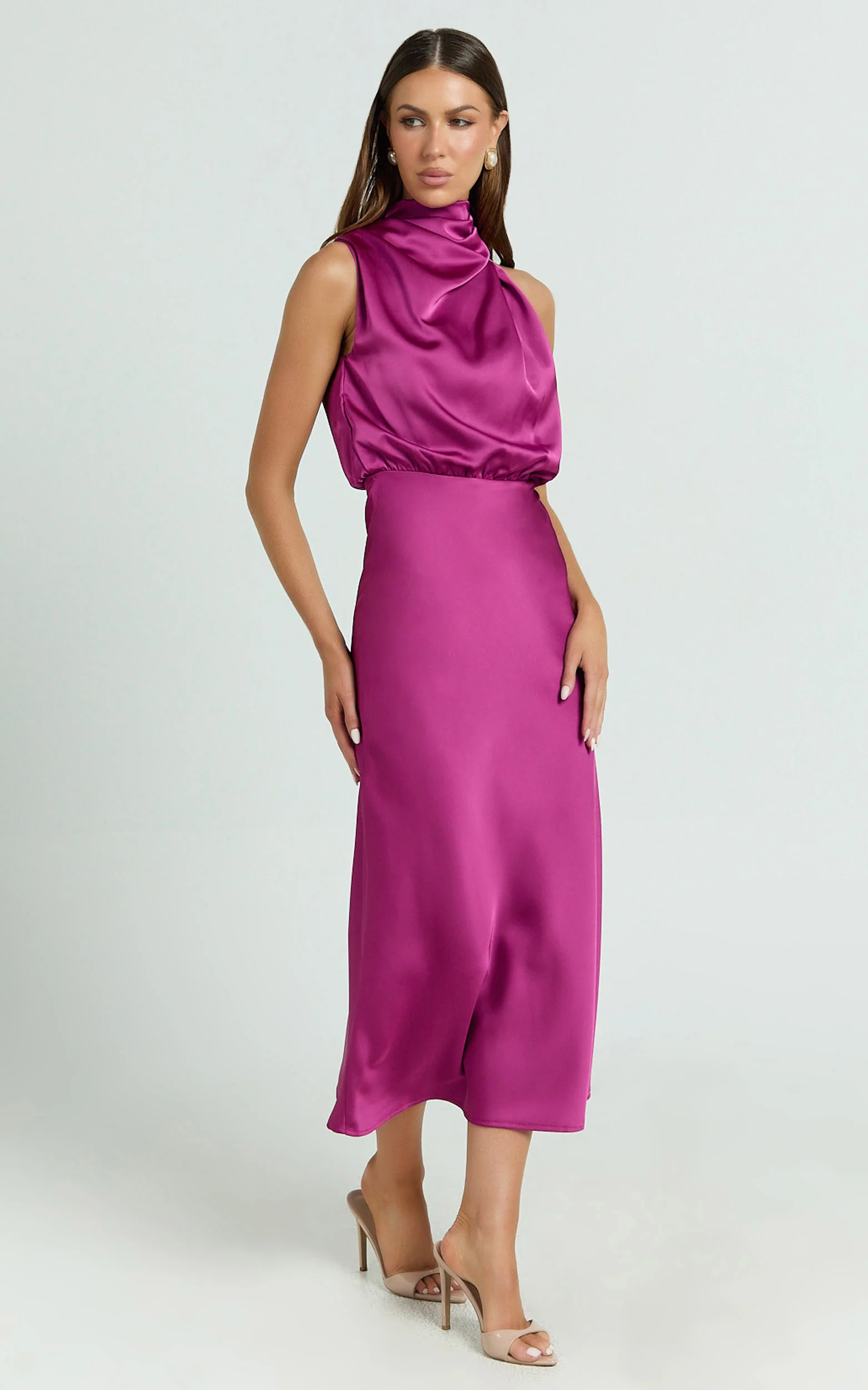 Minnie Midi Dress - Drape Neck Satin Slip Dress in Purple