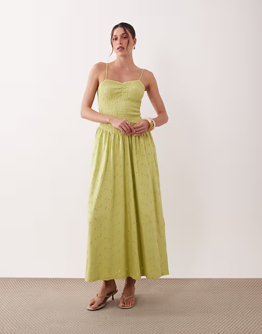 shirred bodice broderie maxi dress in light green