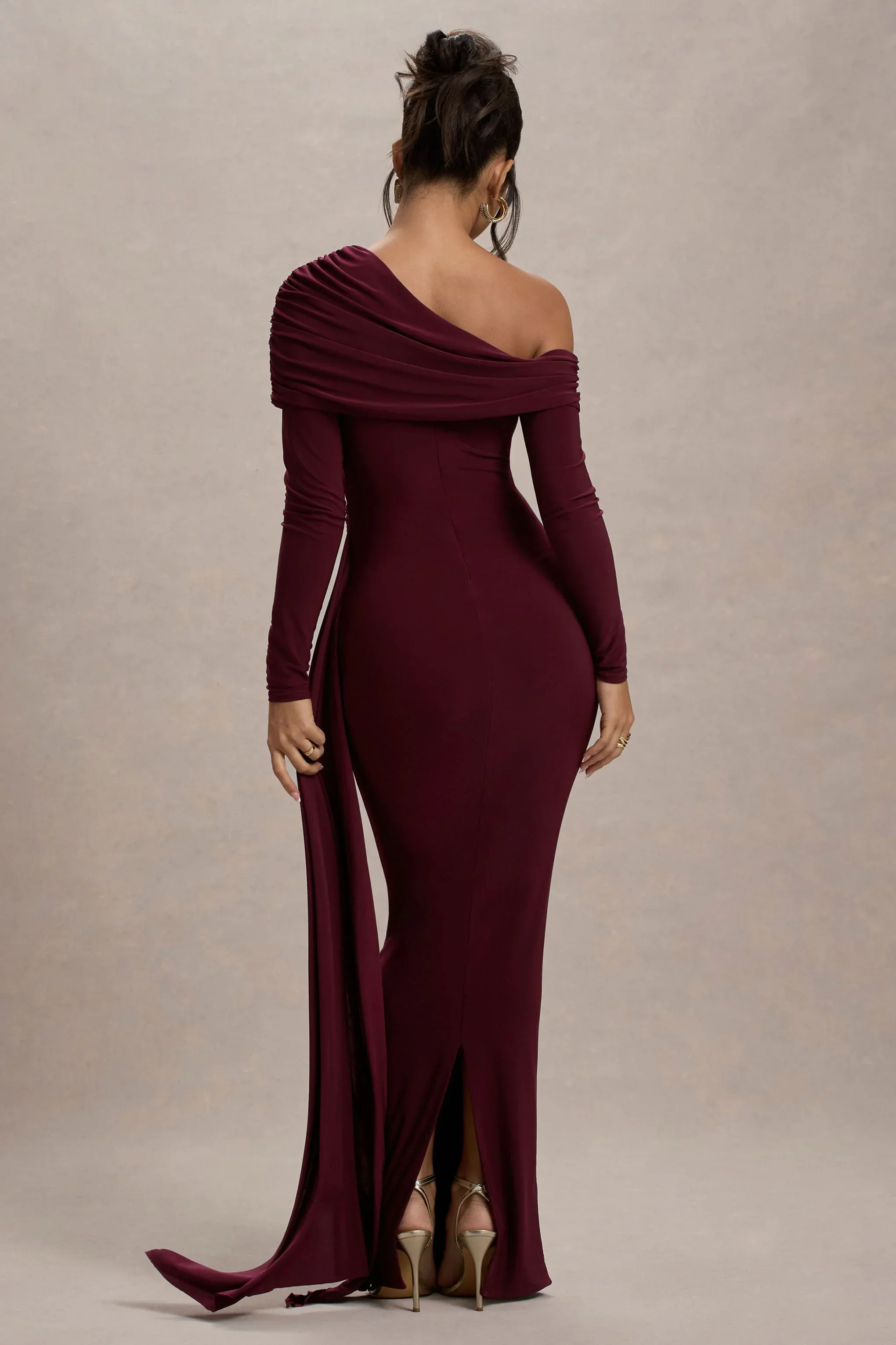 Valina | Burgundy Ruched Asymmetric Maxi Dress With Drape
