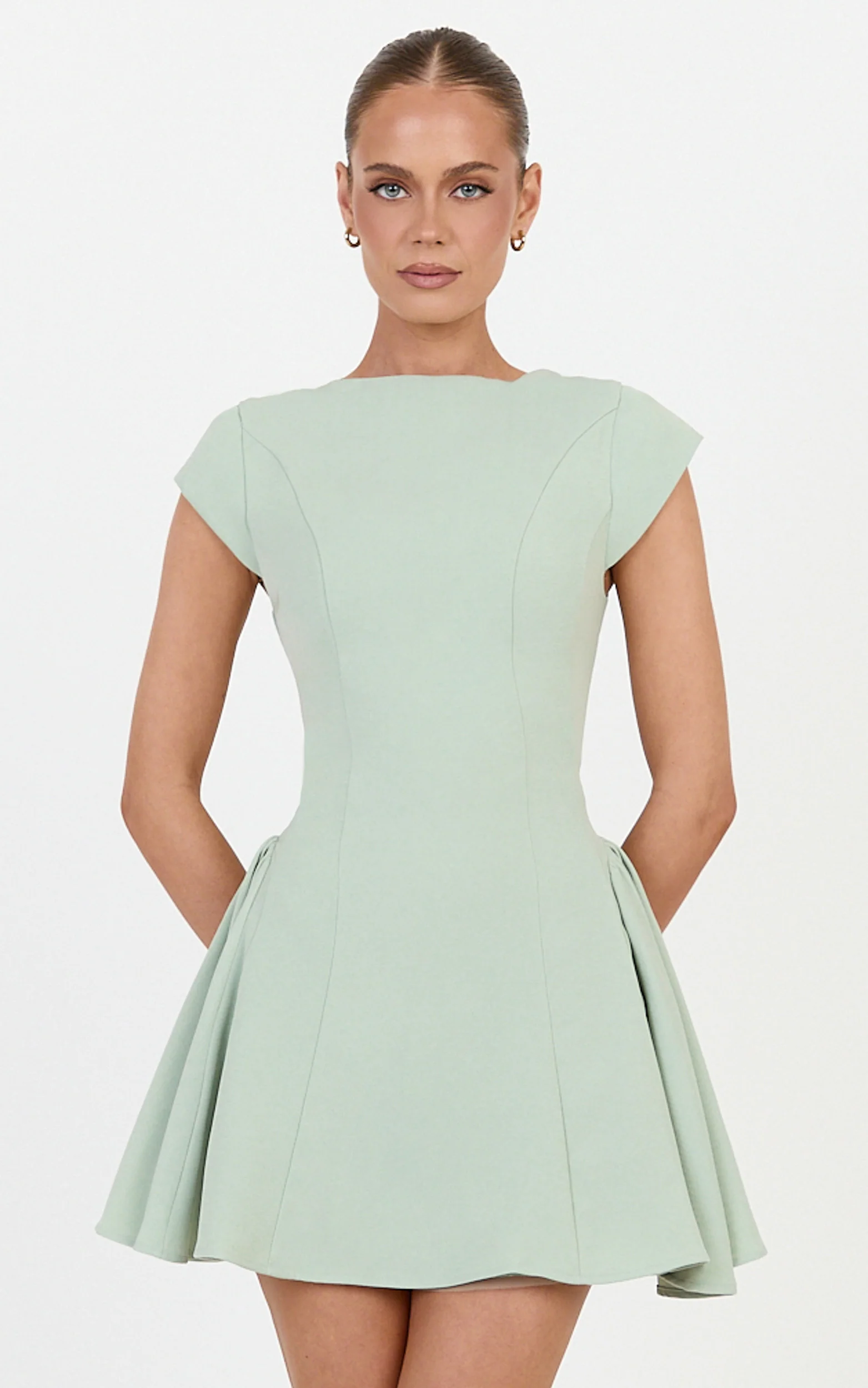 Lorayne Mini Dress - Cap Sleeve Gathered Hip Tie Back Mini Dress in Cream