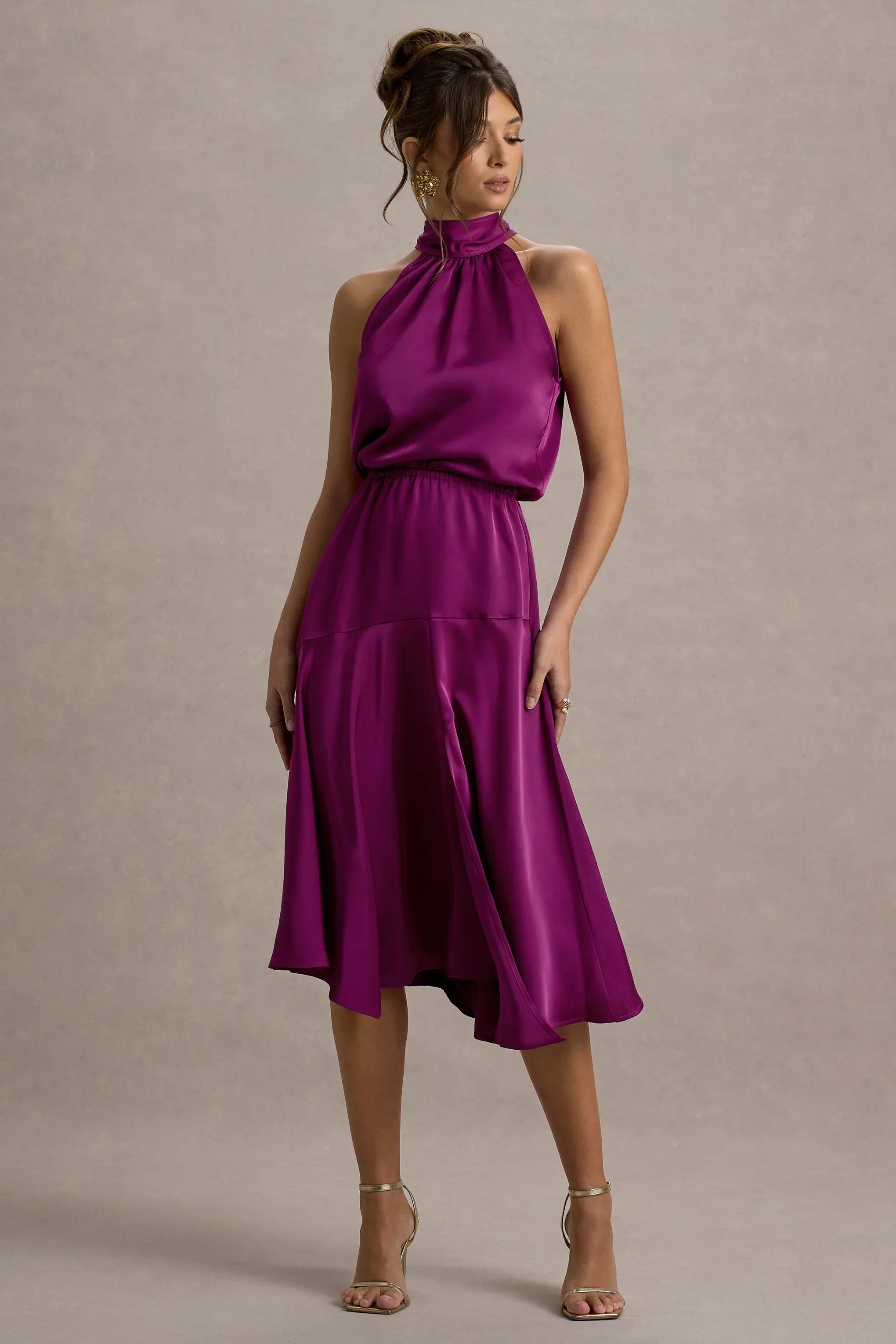 Palonia | Dark Pink Satin High-Neck Split Midi Dress