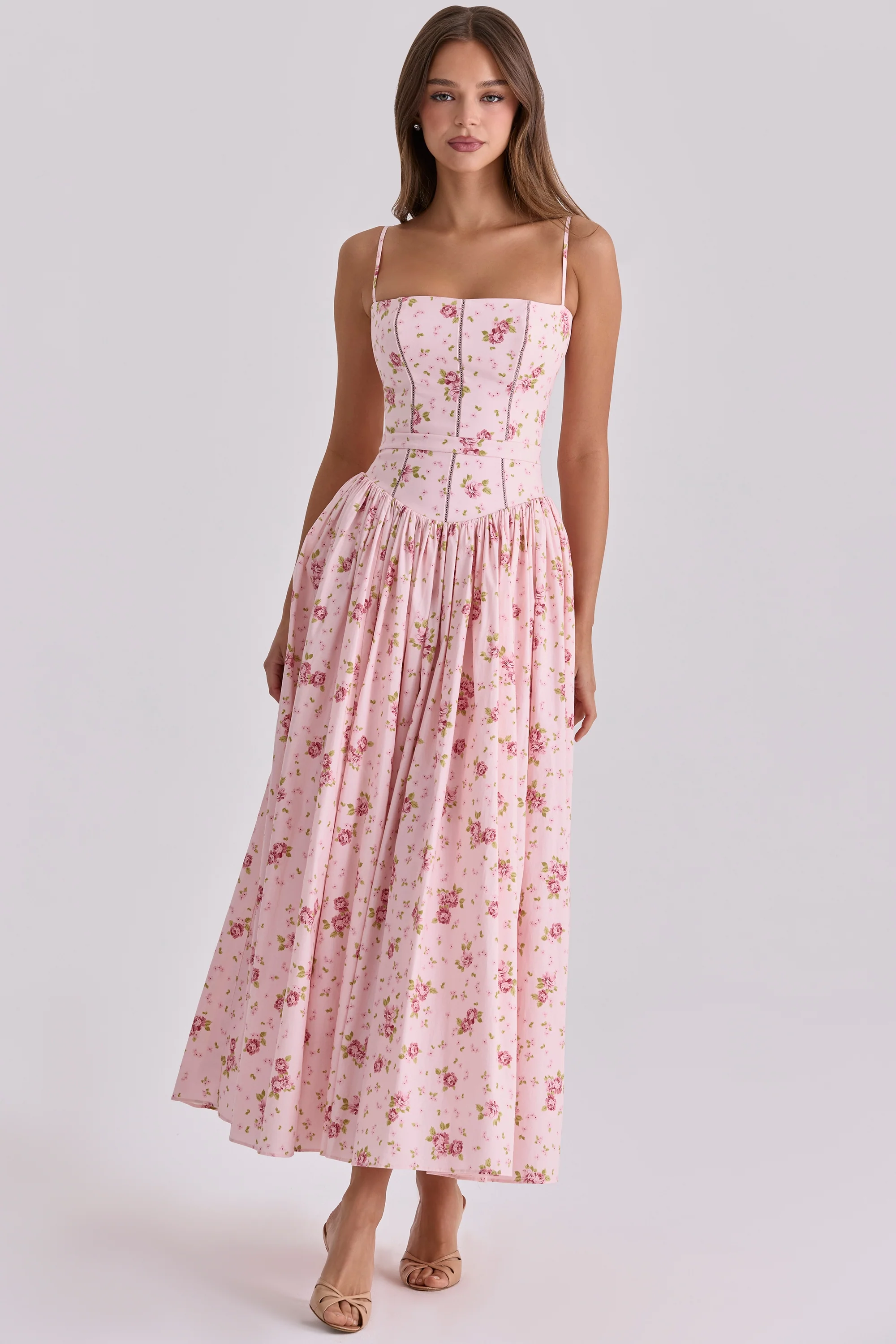 pink vintage rose print cotton midi sundress