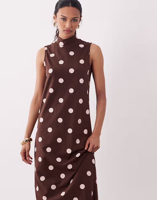 sleeveless funnel neck maxi dress in chocolate and pink polka dots