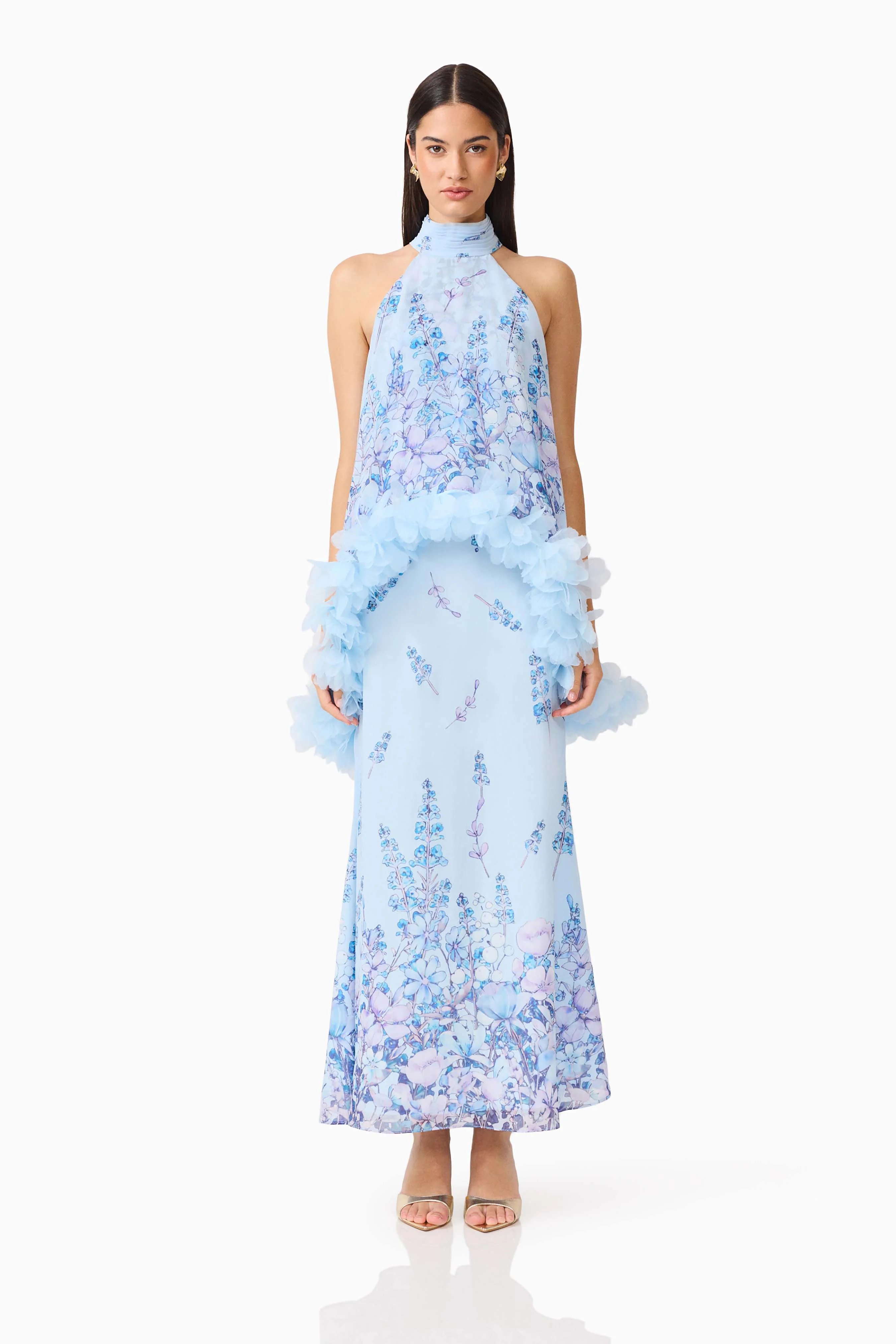 Tulsia Floral Cape Maxi Dress in Light Blue