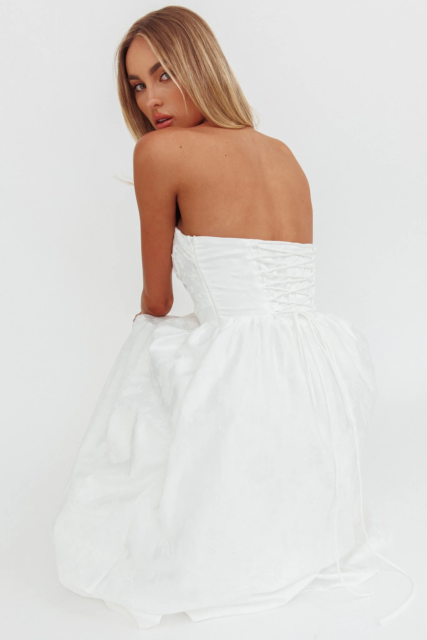 Anushka Strapless Empire Maxi Dress Jacquard White