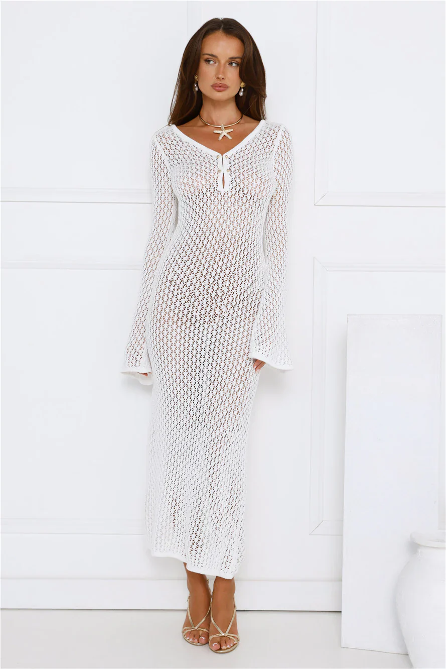 Sailing Into Sunset Knit Long Sleeve Maxi Dress White