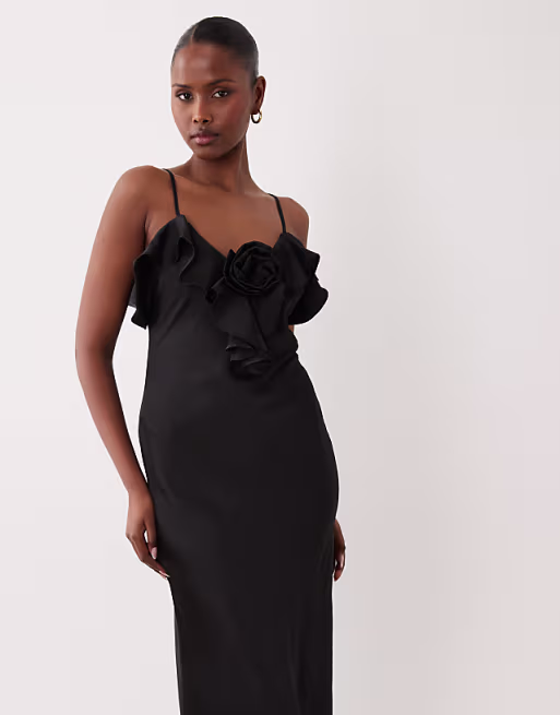 VILA ruffle detail satin cami maxi dress in black