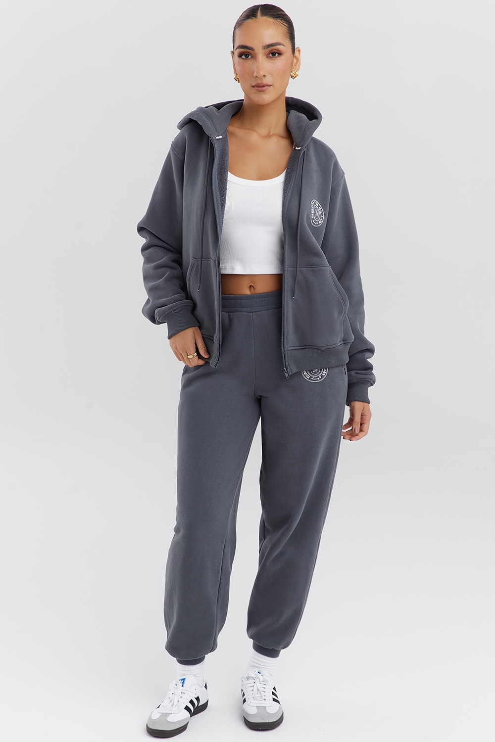 slate cotton fleece-back zip through hoodie