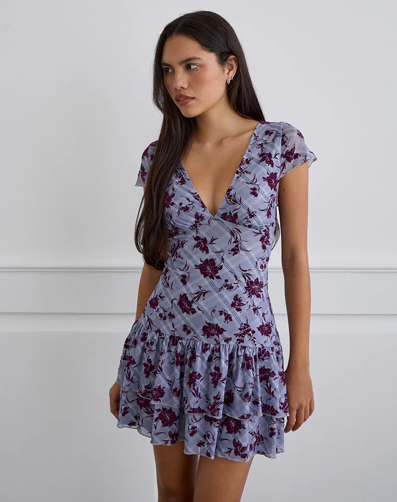 Elaya Dress in Lotus Flock Checked Lavender