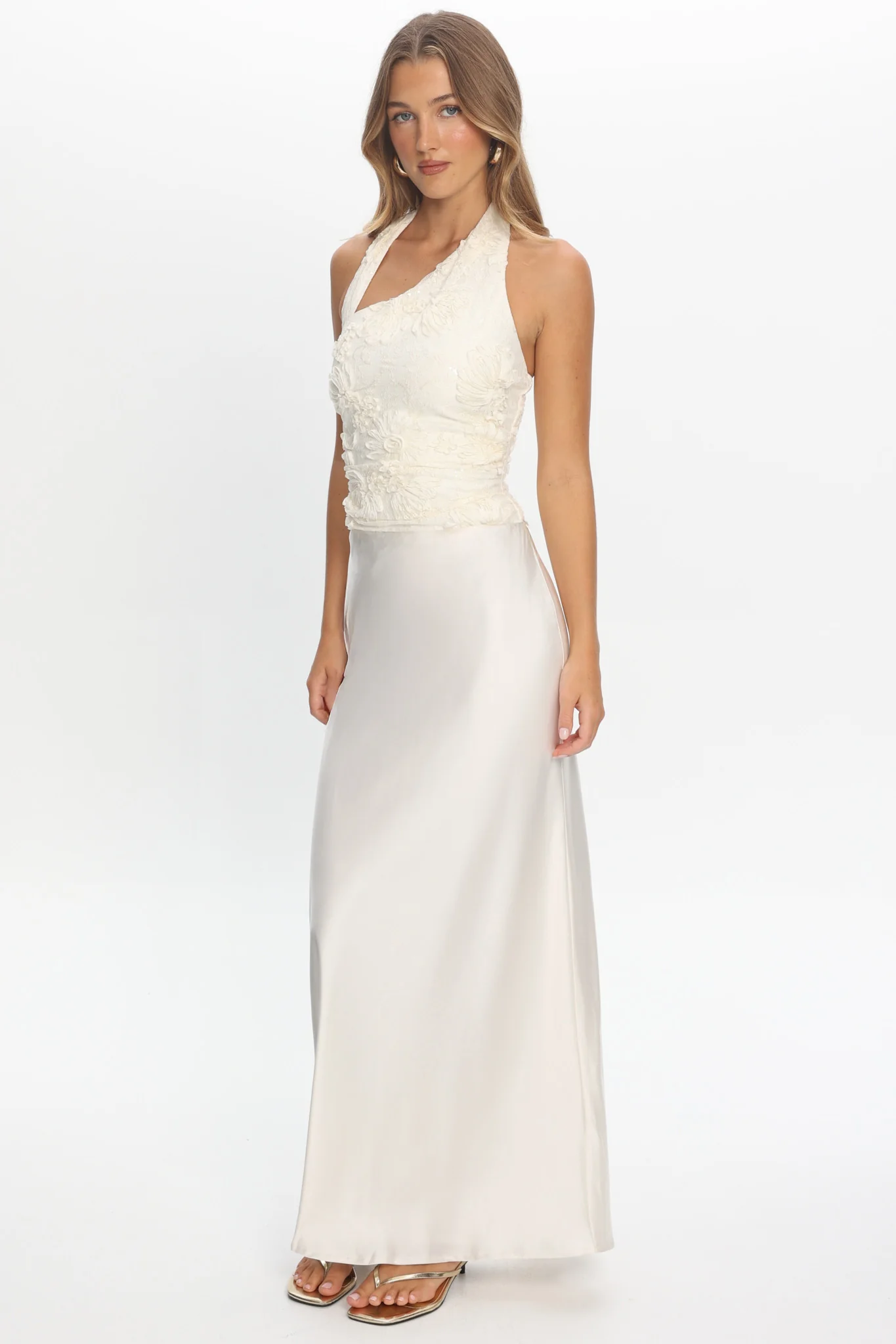 Rejina Asymmetric Neckline Embellished Maxi Dress Off White