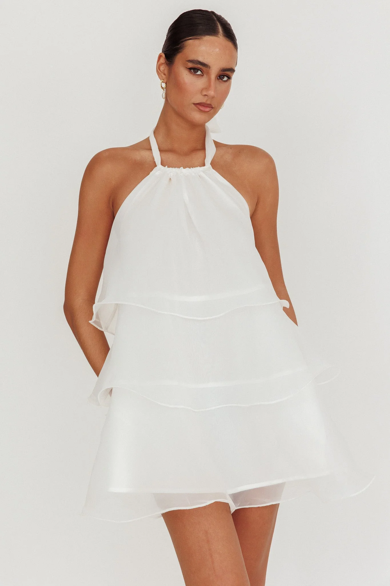 Tulips Tiered Halterneck Mini Dress White - luluinthesky