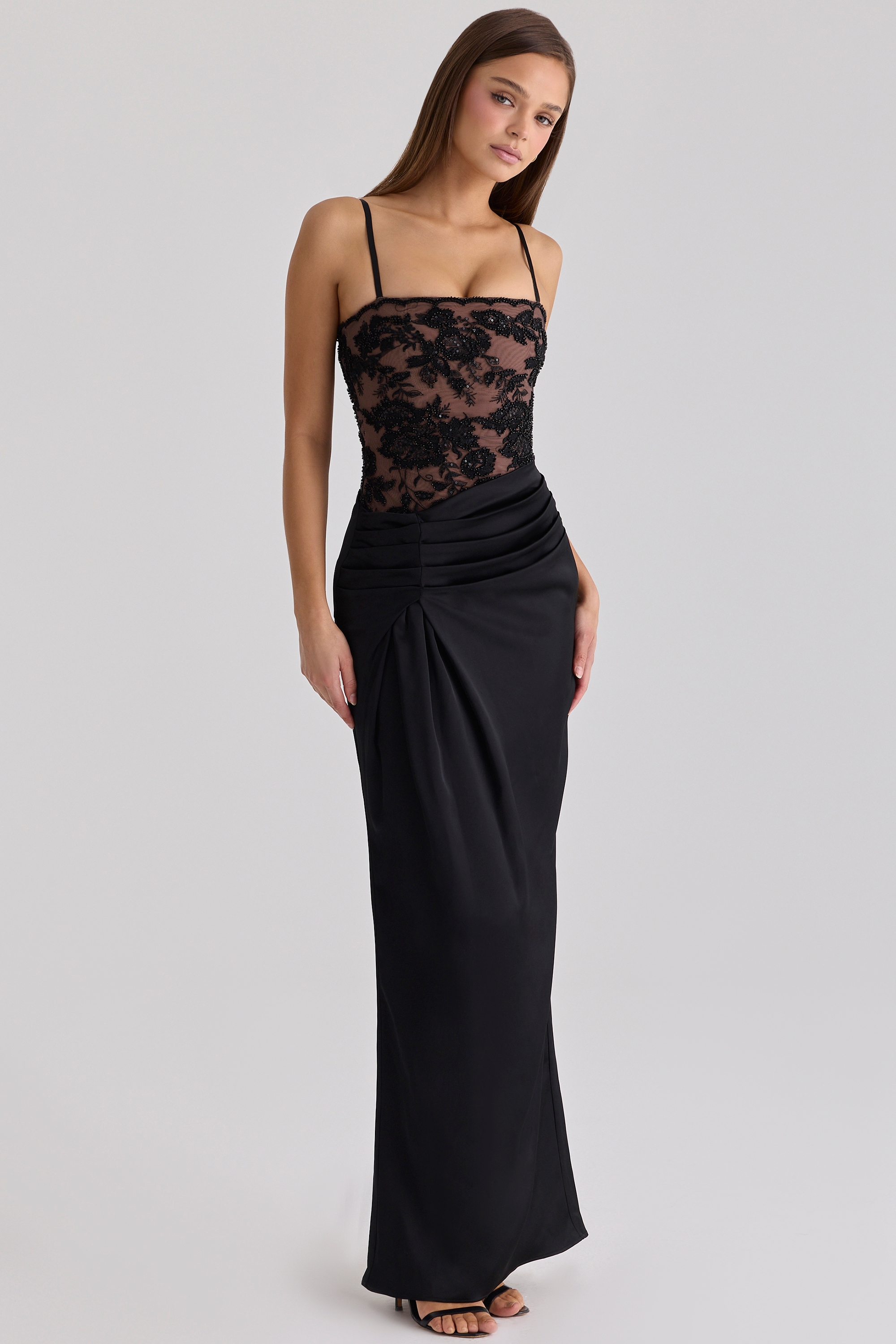 black embellished lace + satin maxi dress