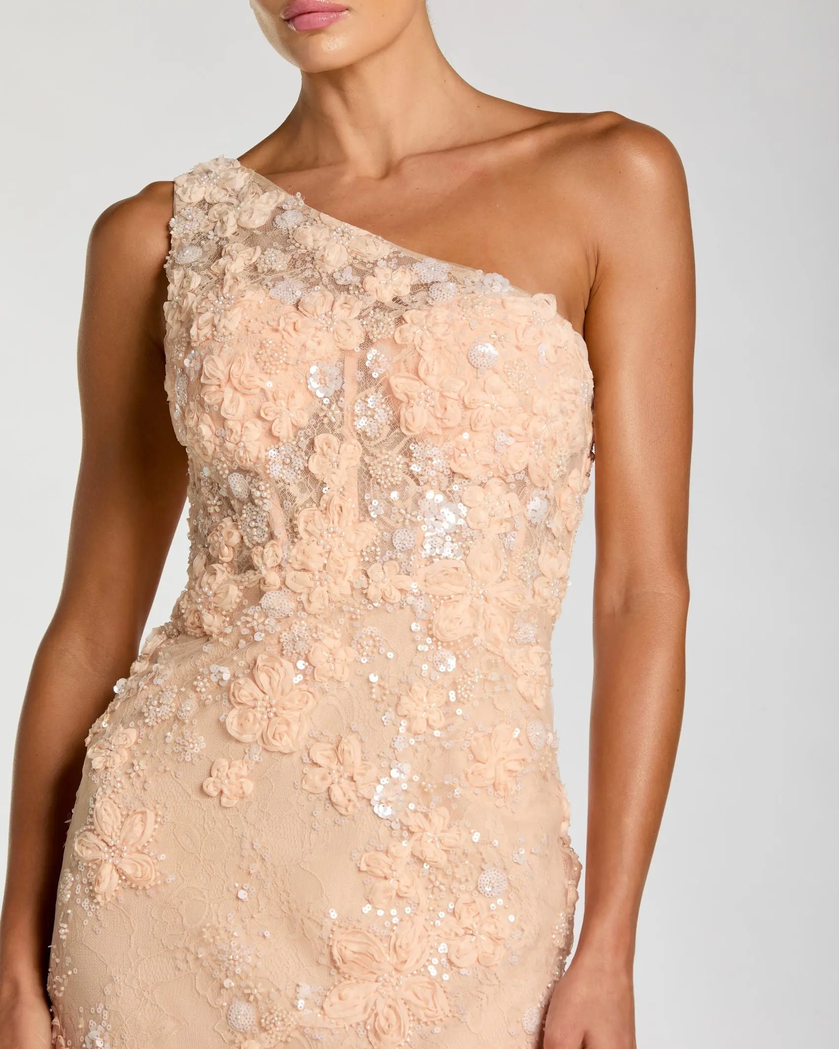 Peach One Shoulder Floral Applique Sequin Gown