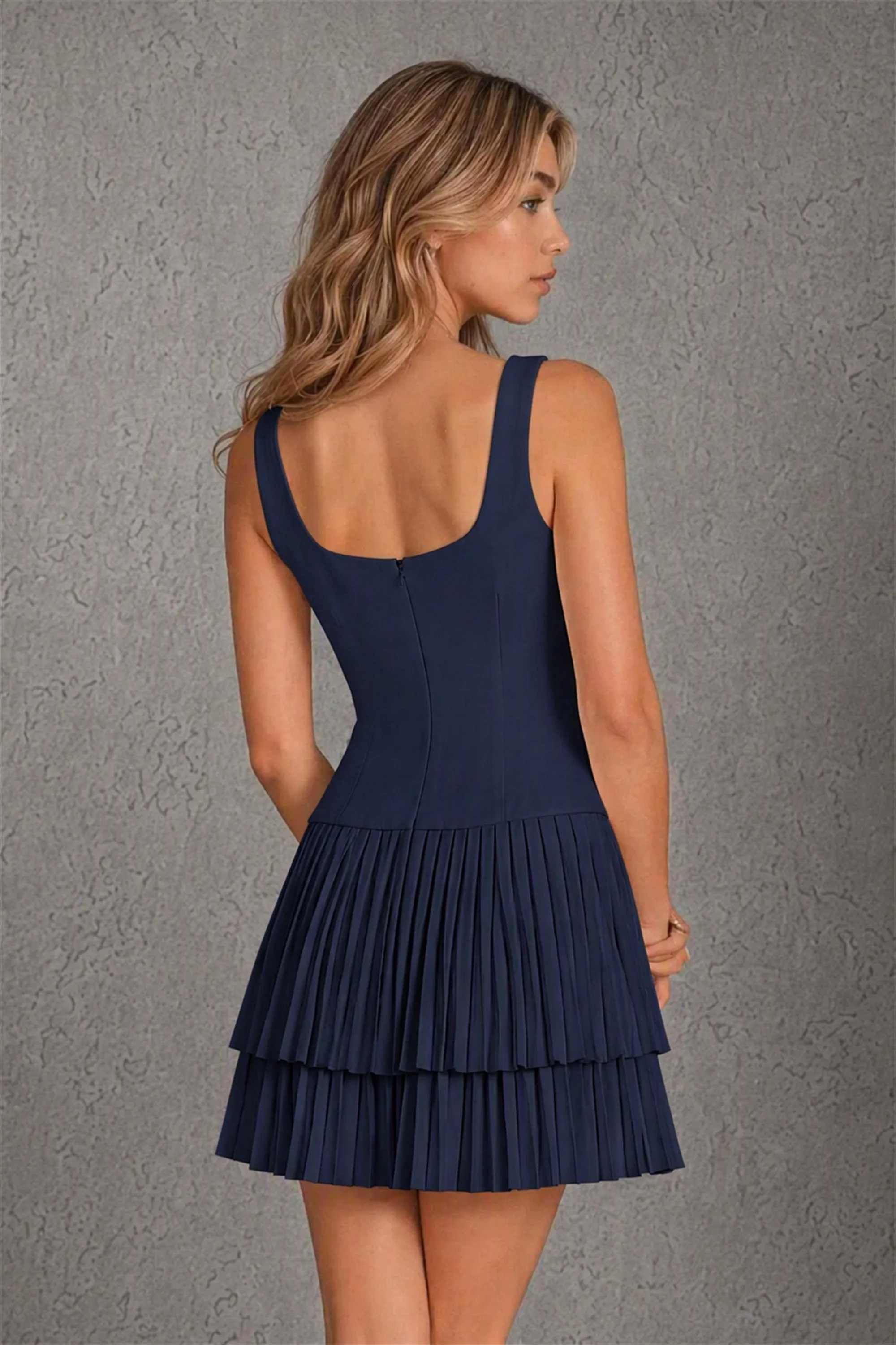 BOLODOO Navy Blue Knit Square Neck Wide Strap Corset Bodice Tiered Pleated Mini Dress with Low Back