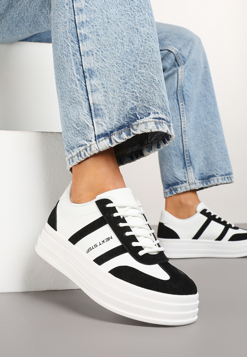 Biało-Czarne Sneakersy w Stylu Kultowych Tenisówek na Grubej Podeszwie Agerla