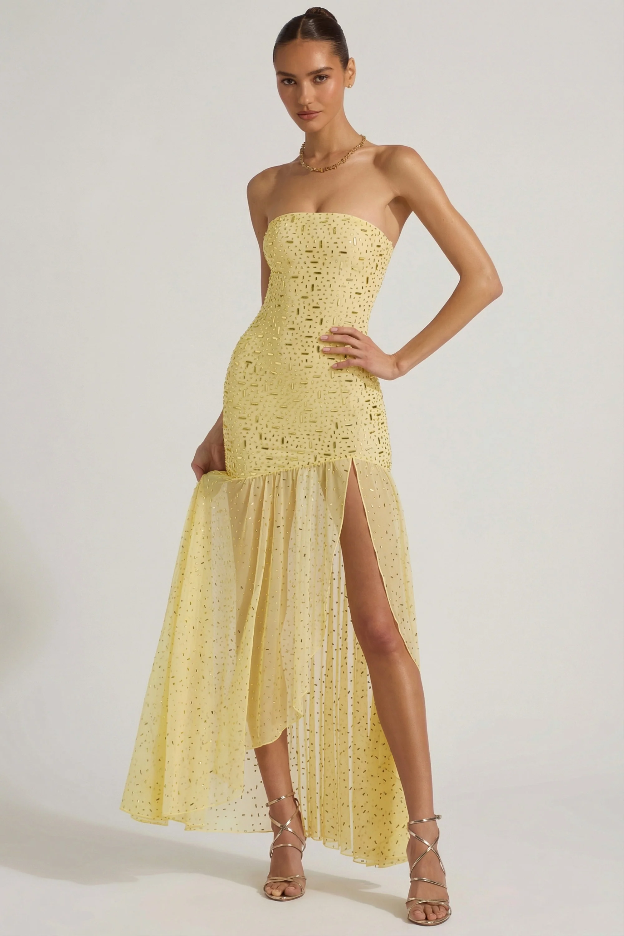 Semi-Sheer Embellished Asymmetric Maxi Dress in Yellow