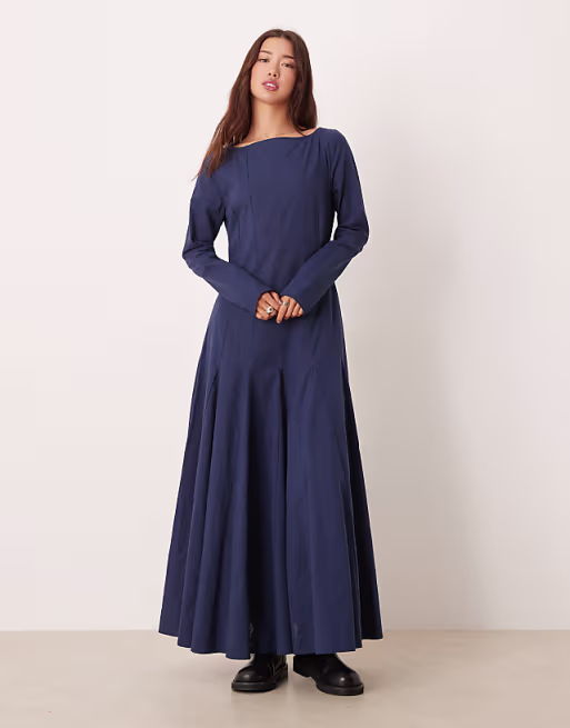 slash neck maxi dress with full skirt in navy