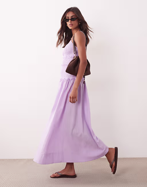 crinkle maxi sundress with shirred dropped waist in lilac