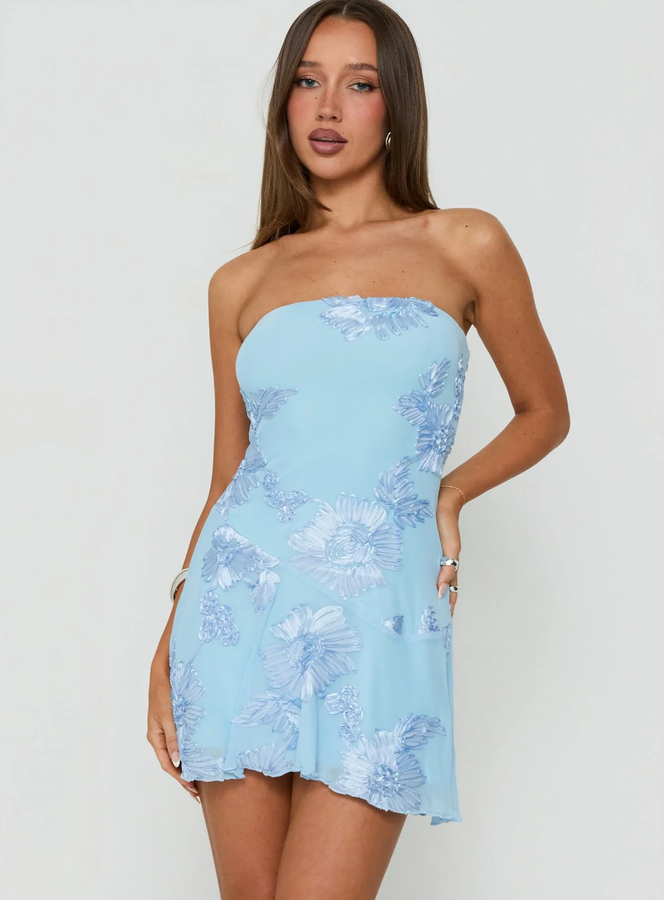 Meadow of Dreams Strapless Mini Dress Blue Floral Burnout