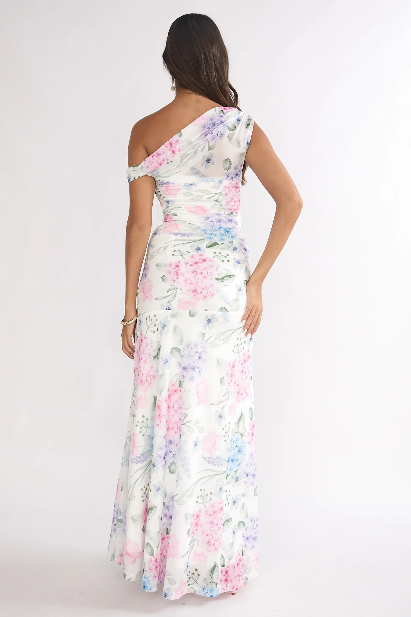 Lylah Asymmetric Neckline Mesh Maxi Dress Floral Blue