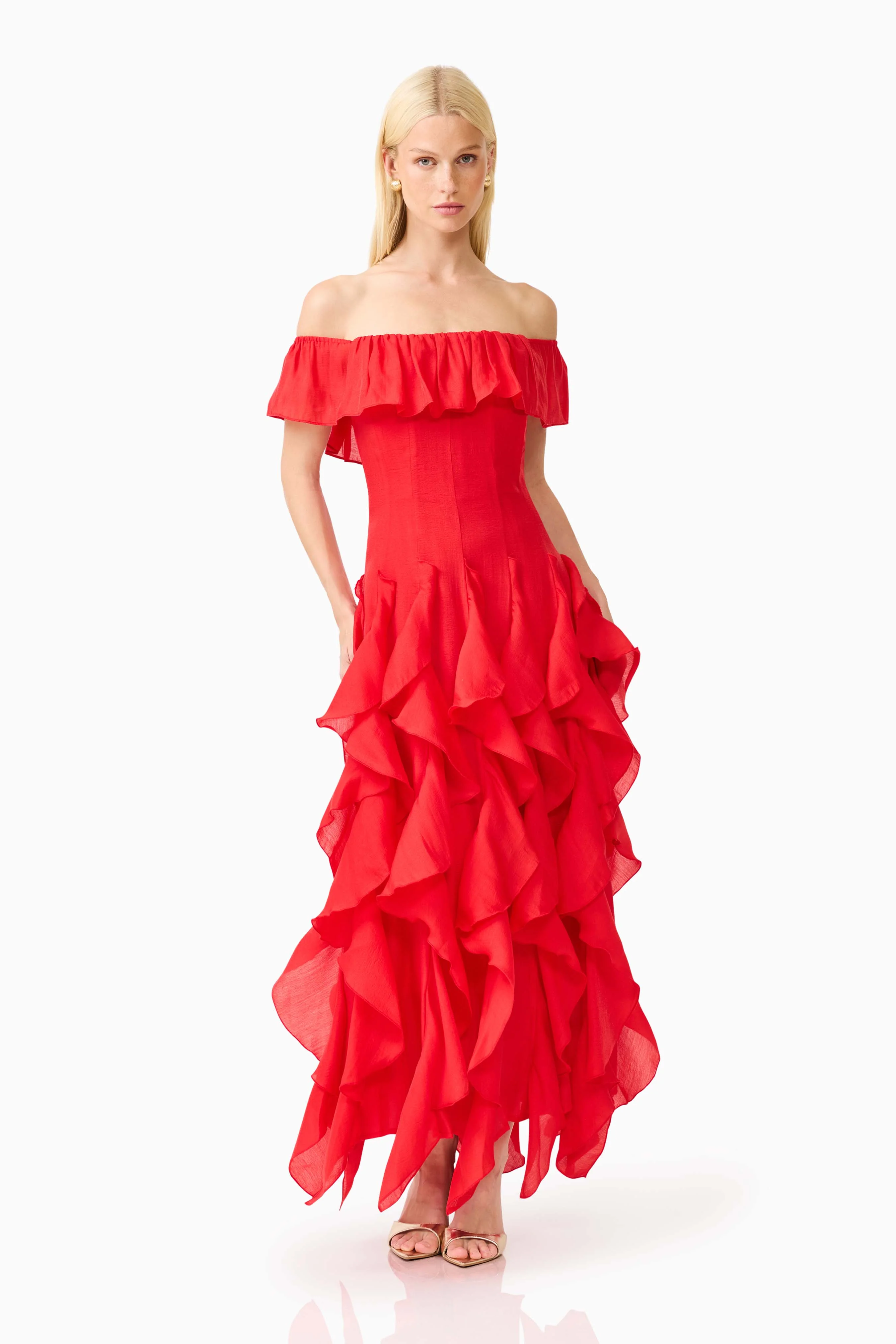 Yvette Off Shoulder Gown in Vermilion Red