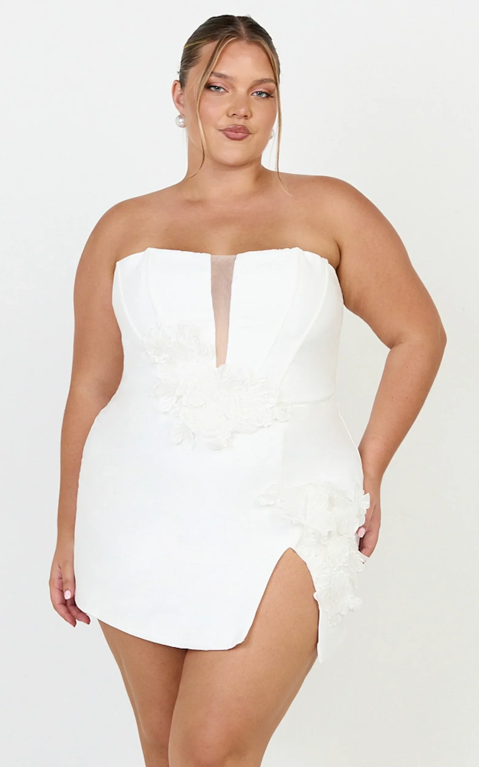 Dolores Mini Dress - Strapless Plunge Bodycon Leg Split Dress in White