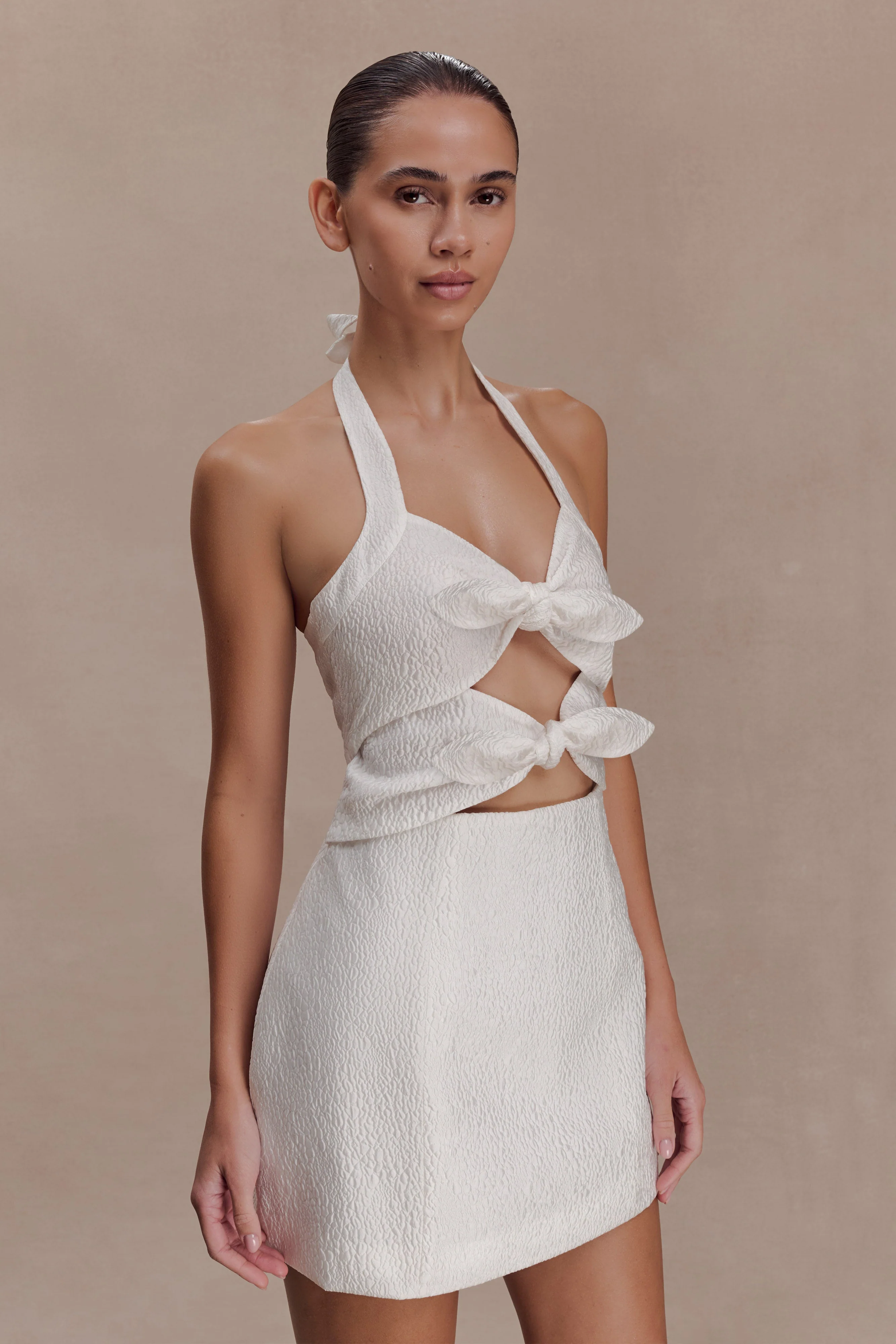 Ella Bow Detail Halter Mini Dress - White