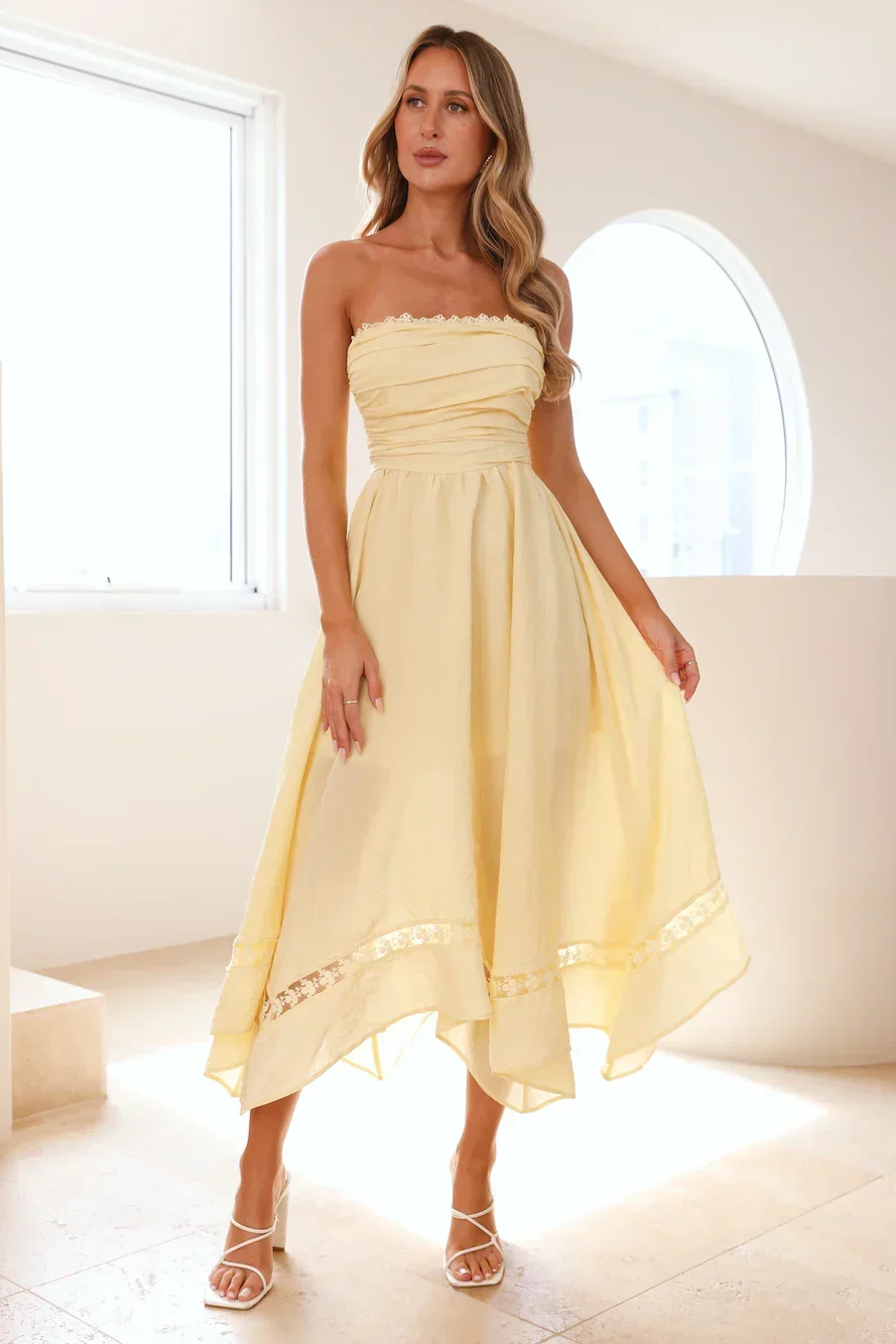 Visit The Moon Strapless Midi Dress Yellow - luluinthesky