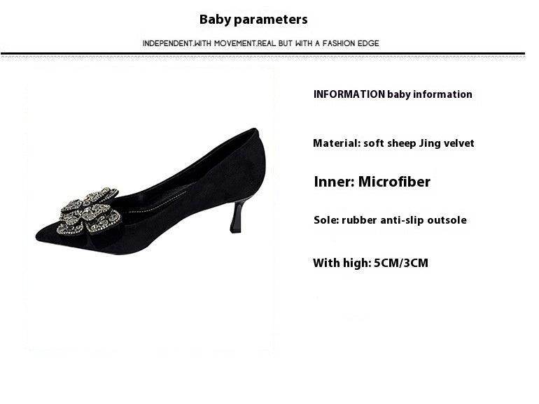 Black Suede Rhinestone Bowknot Pointy Stiletto Heels 770222542136