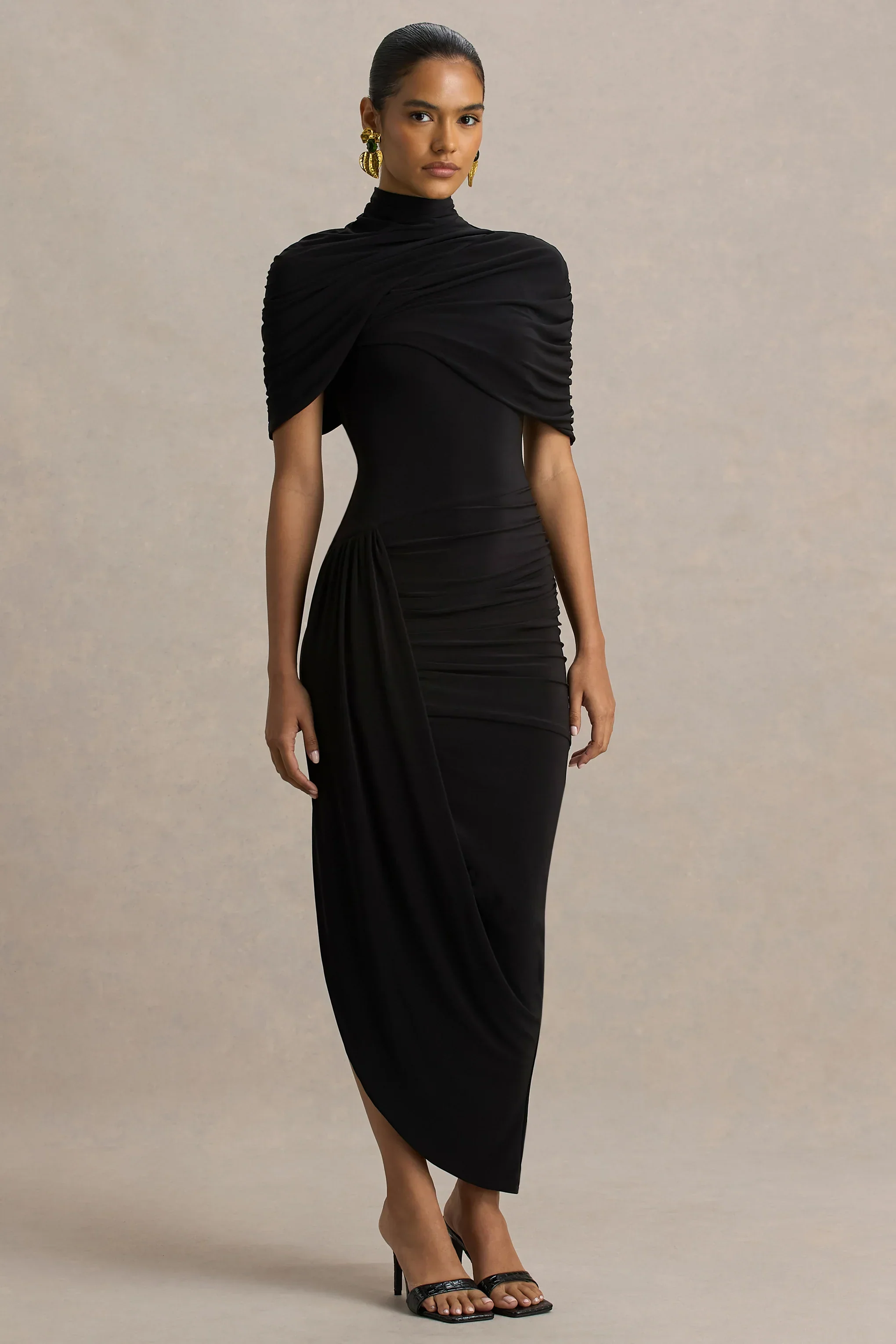 Enchant | Black Asymmetric Twisted Cape Midi Dress