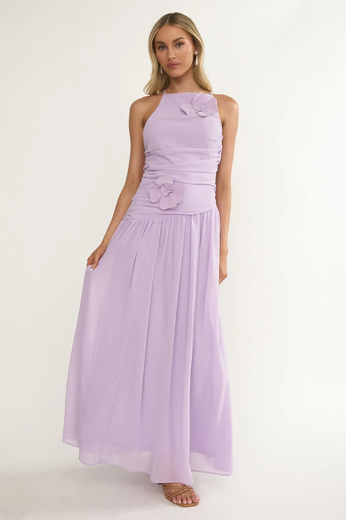Brighten Drop Waist Flower Accent Maxi Dress Lilac