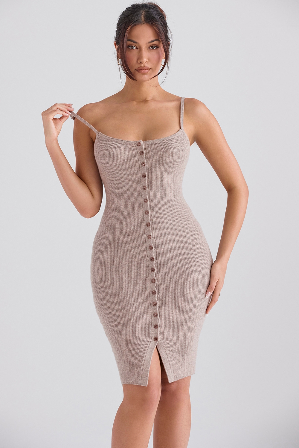 Beige Cashmere Knit Midi Dress