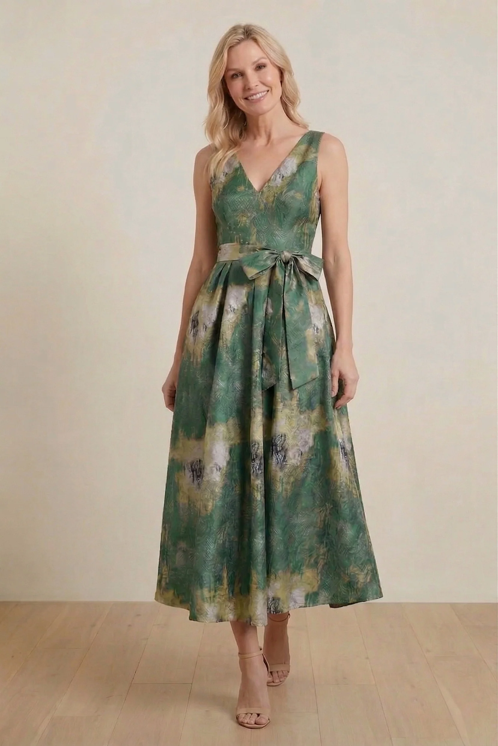 A-Line Tea-Length Jacquard Mother of the Bride Dress CM0425
