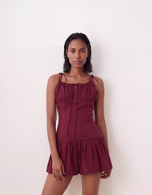 structured cotton sateen tie bust dropped waist mini sundress in rich burgundy