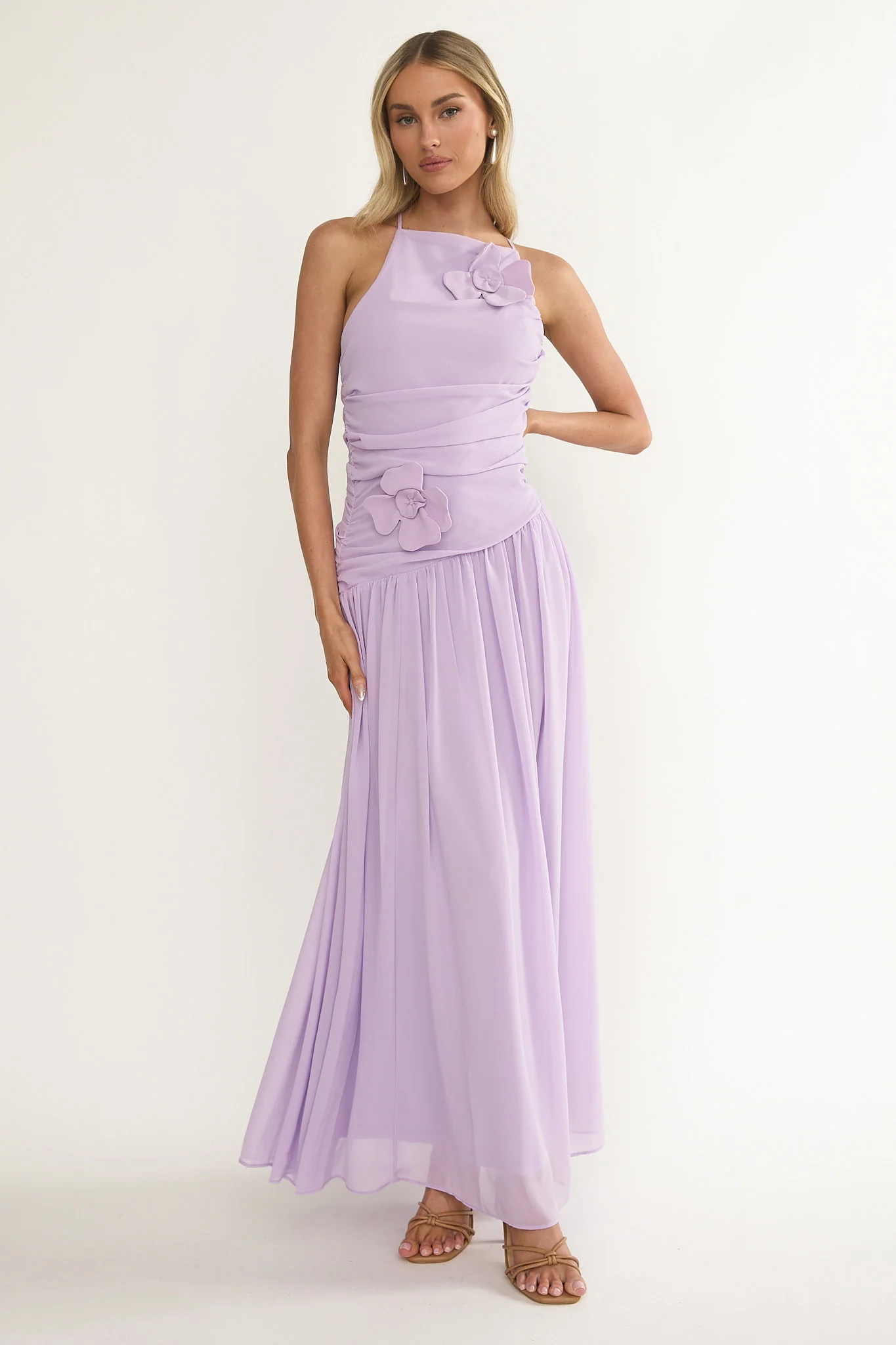 Brighten Drop Waist Flower Accent Maxi Dress Lilac
