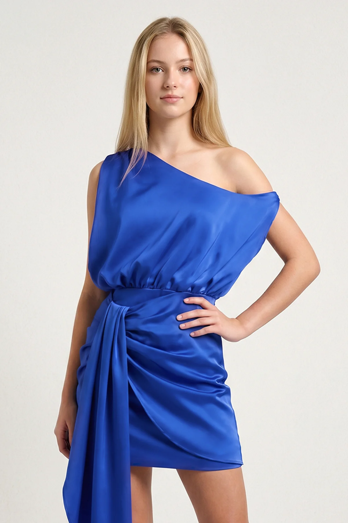 Dusty Blue Sheath One Shoulder Satin Homecoming Dresses with Drape