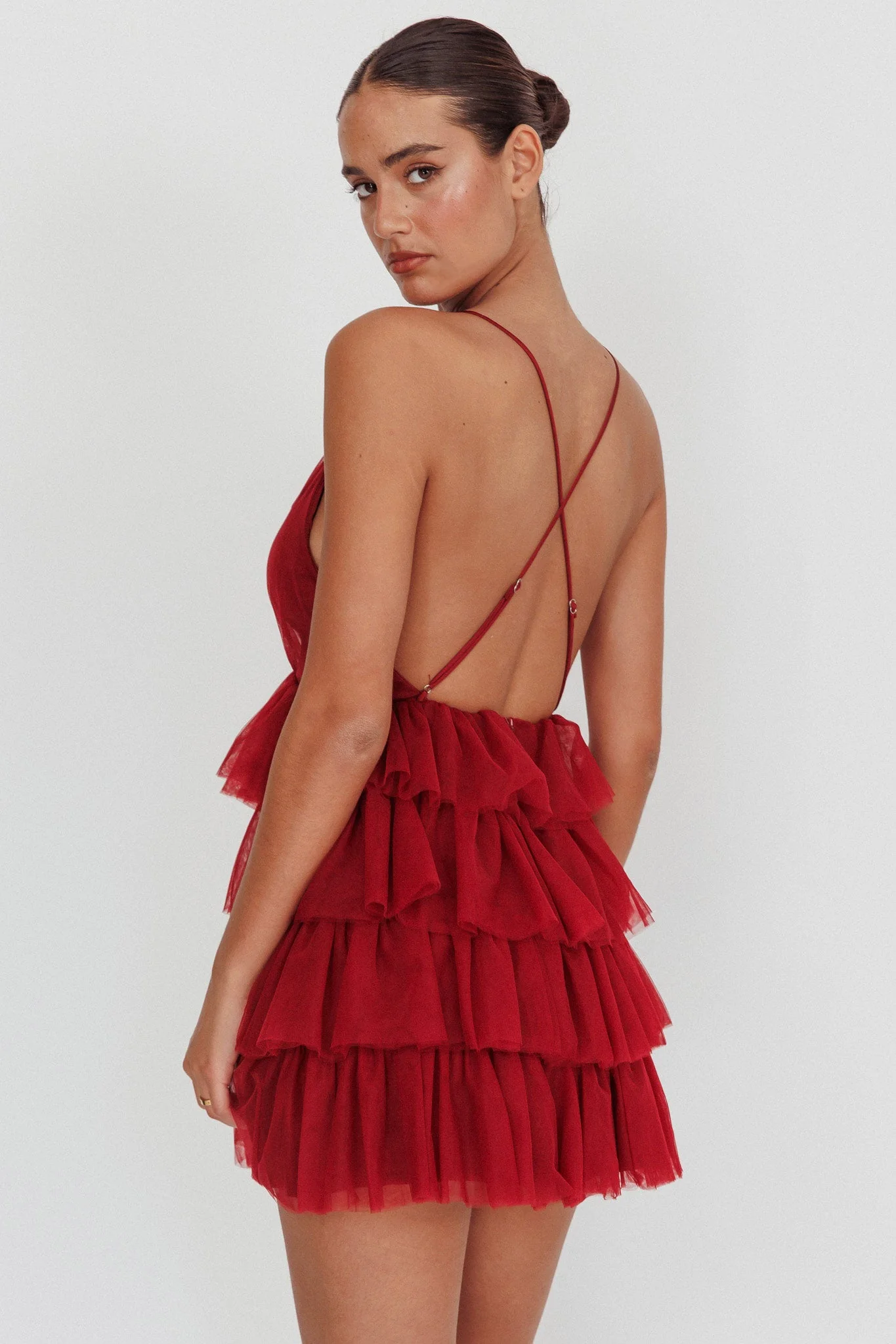 Auguste Tiered Frill Mini Dress Burgundy - luluinthesky