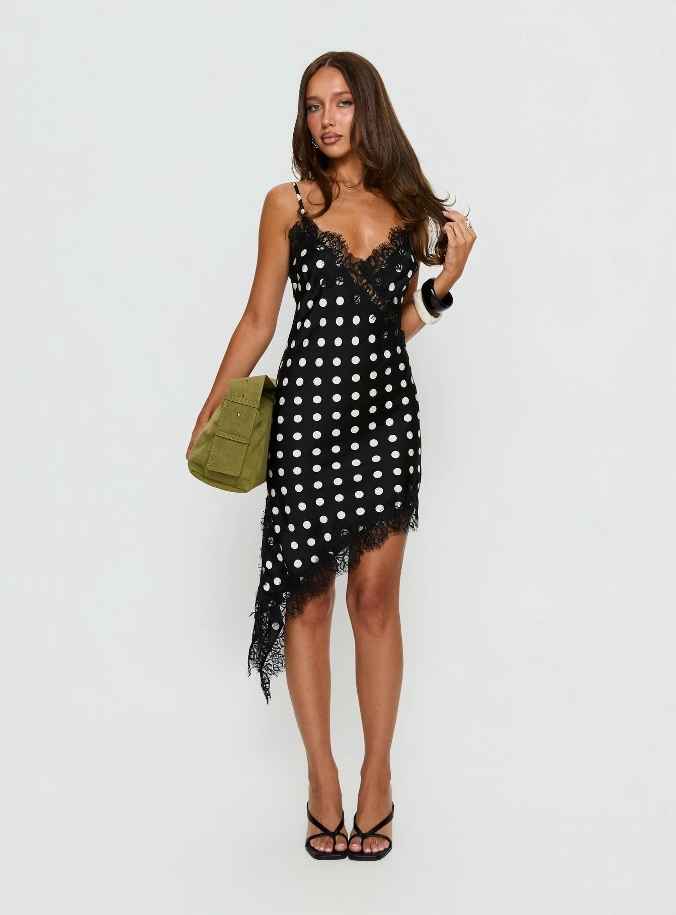 Afterdark Lace Asymmetrical Mini Dress Black Polka Dot